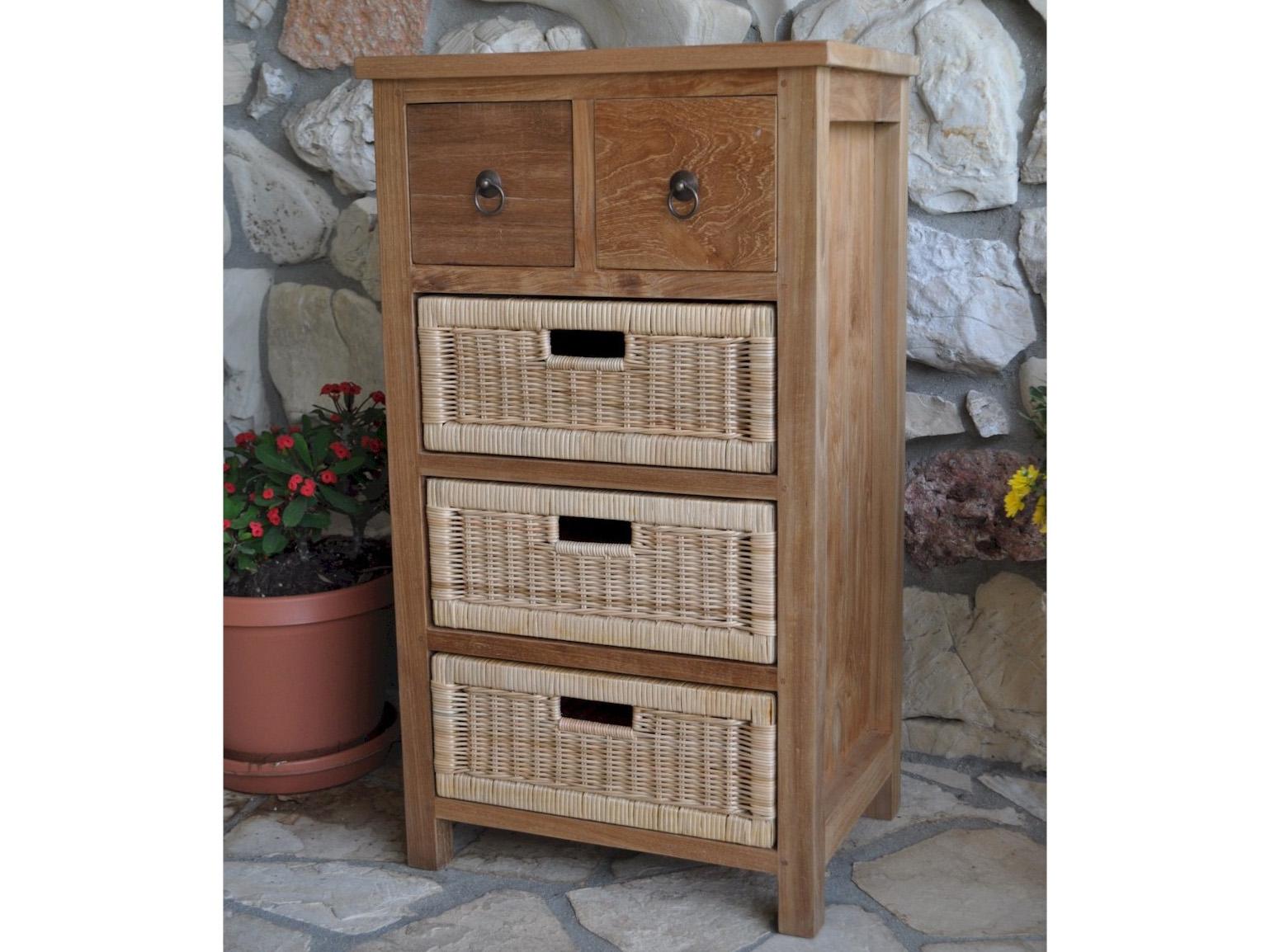 Anderson Teak Safari Occasional Table with Drawer & Rattan Baskets