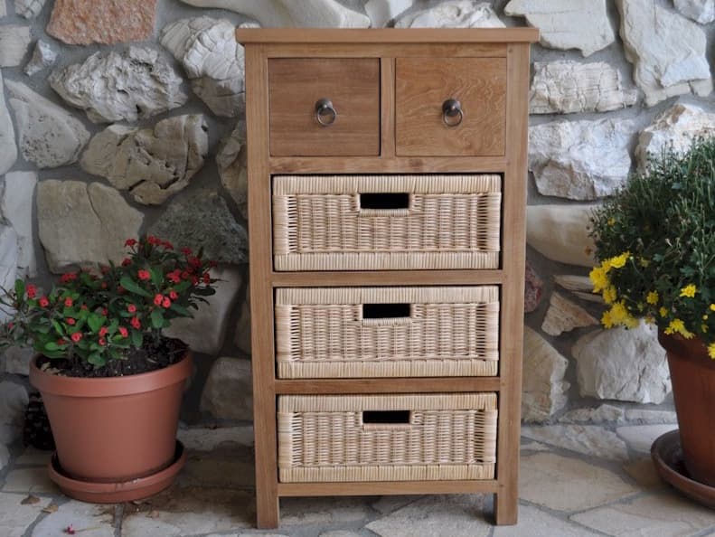 Anderson Teak Safari Occasional Table with Drawer & Rattan Baskets