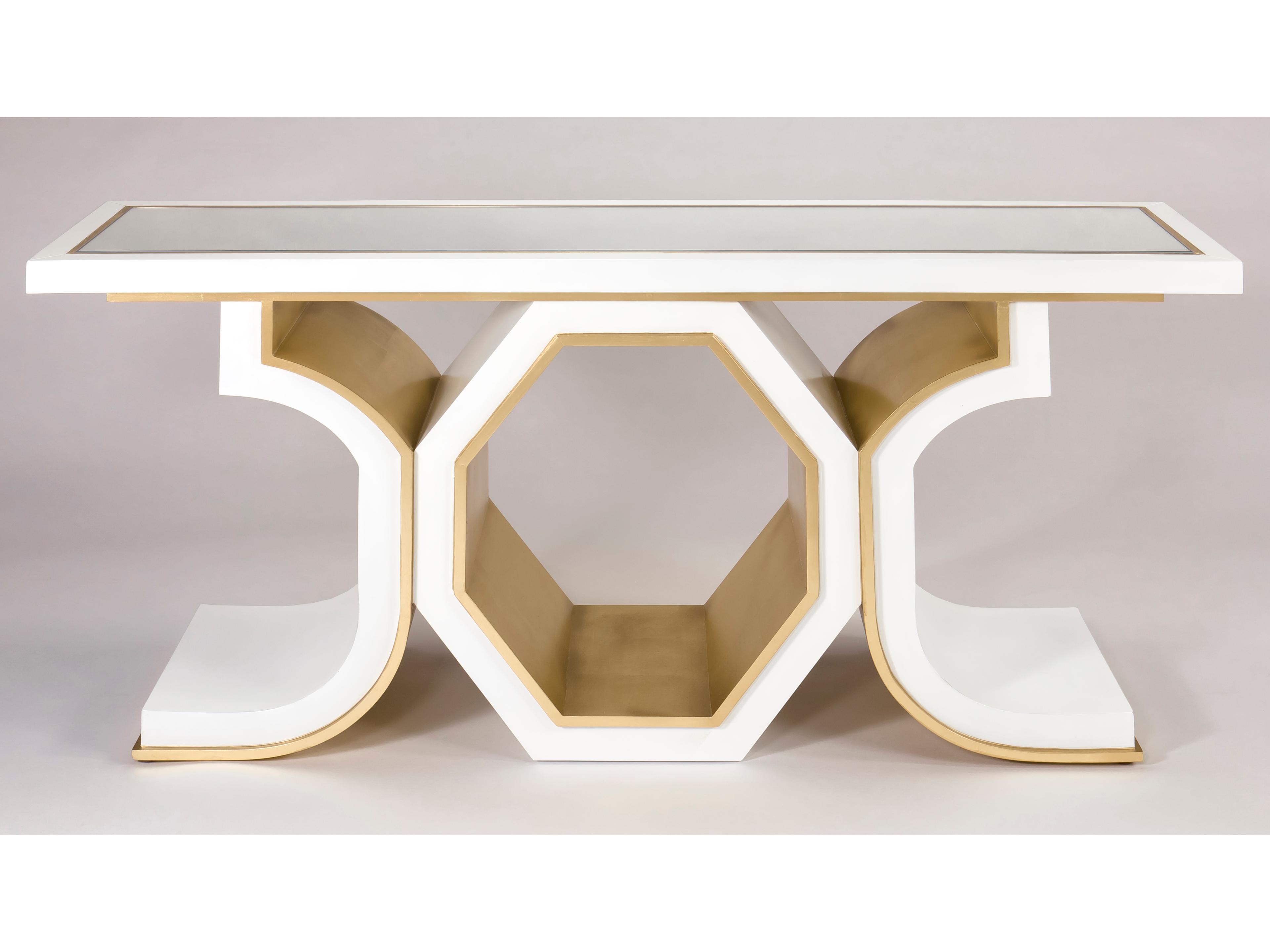 Artmax 62" Rectangular Glass White Gold Leaf Console Table