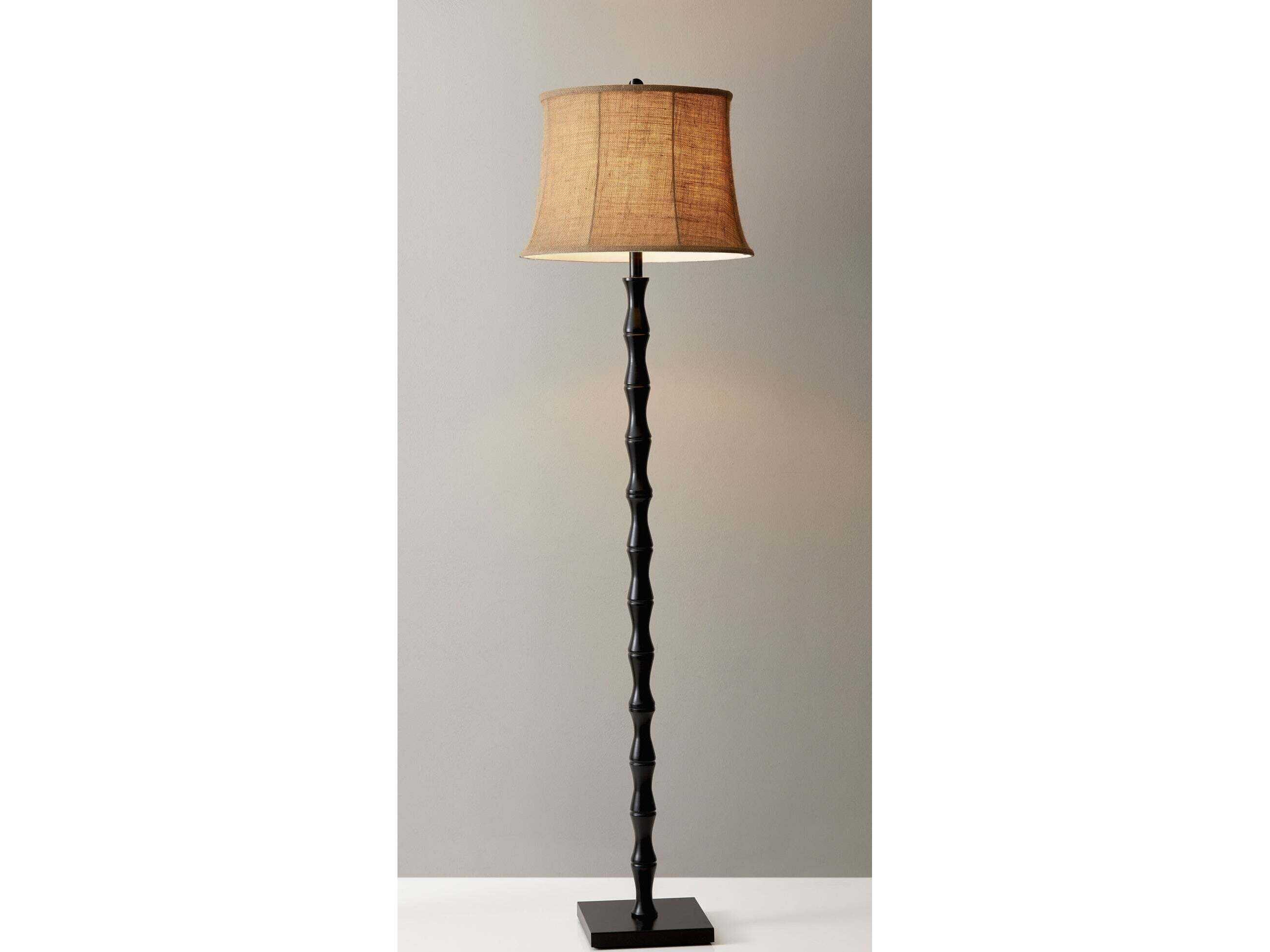 Adesso Stratton Painted Black Brown Burlap Bell Floor Lamp