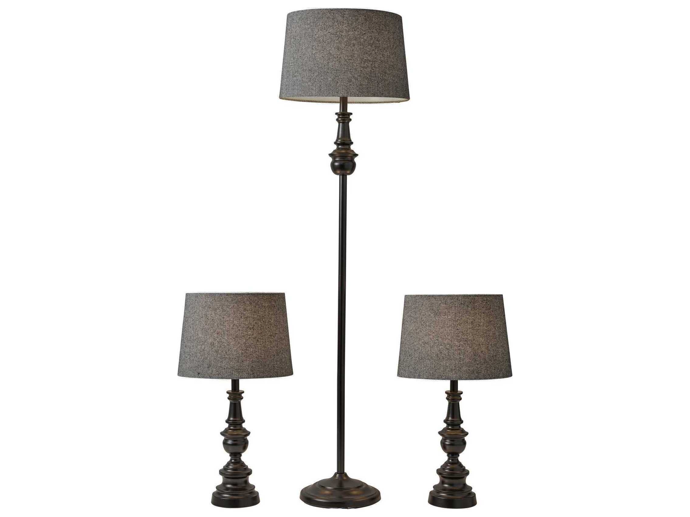 Adesso Chandler Dark Bronze Herringbone Fabric 3 Piece Floor and Table Lamp Set