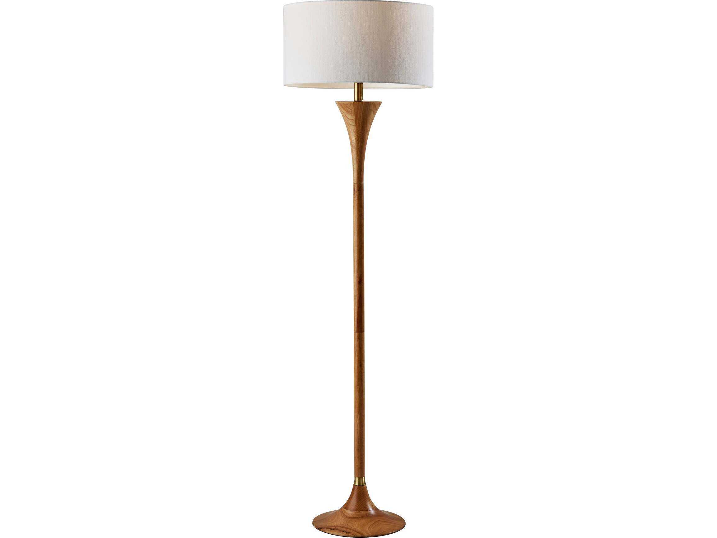 Adesso Rebecca Natural Antique Brass White Textured Fabric Wood Floor Lamp
