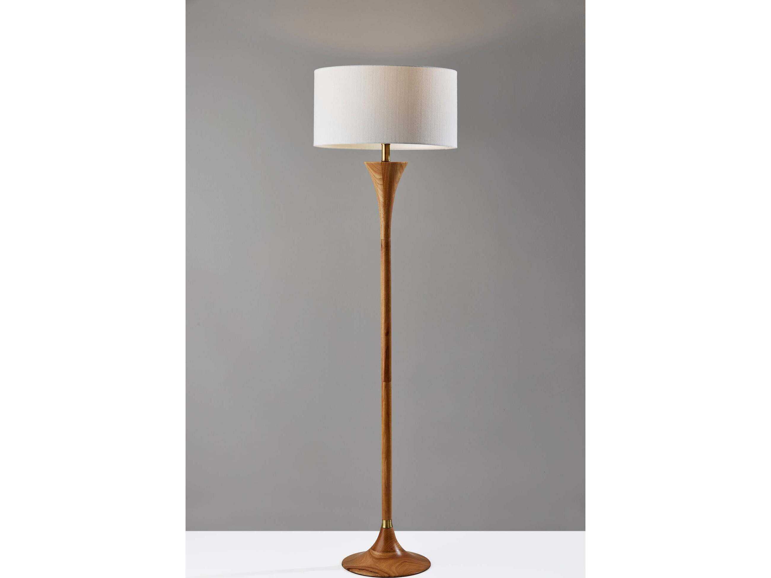 Adesso Rebecca Natural Antique Brass White Textured Fabric Wood Floor Lamp