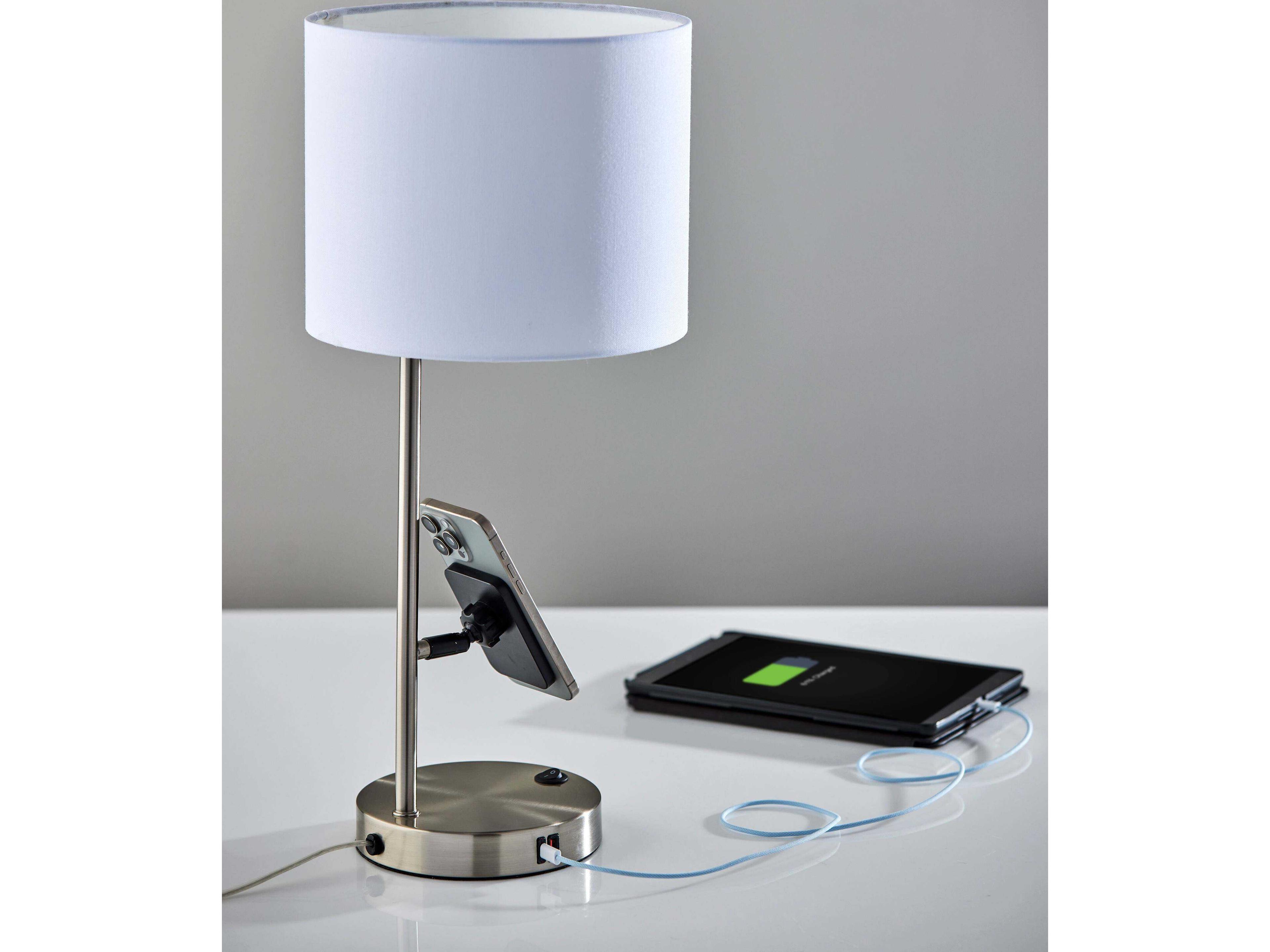 Adesso Wyatt Brushed Steel White Fabric Table Lamp