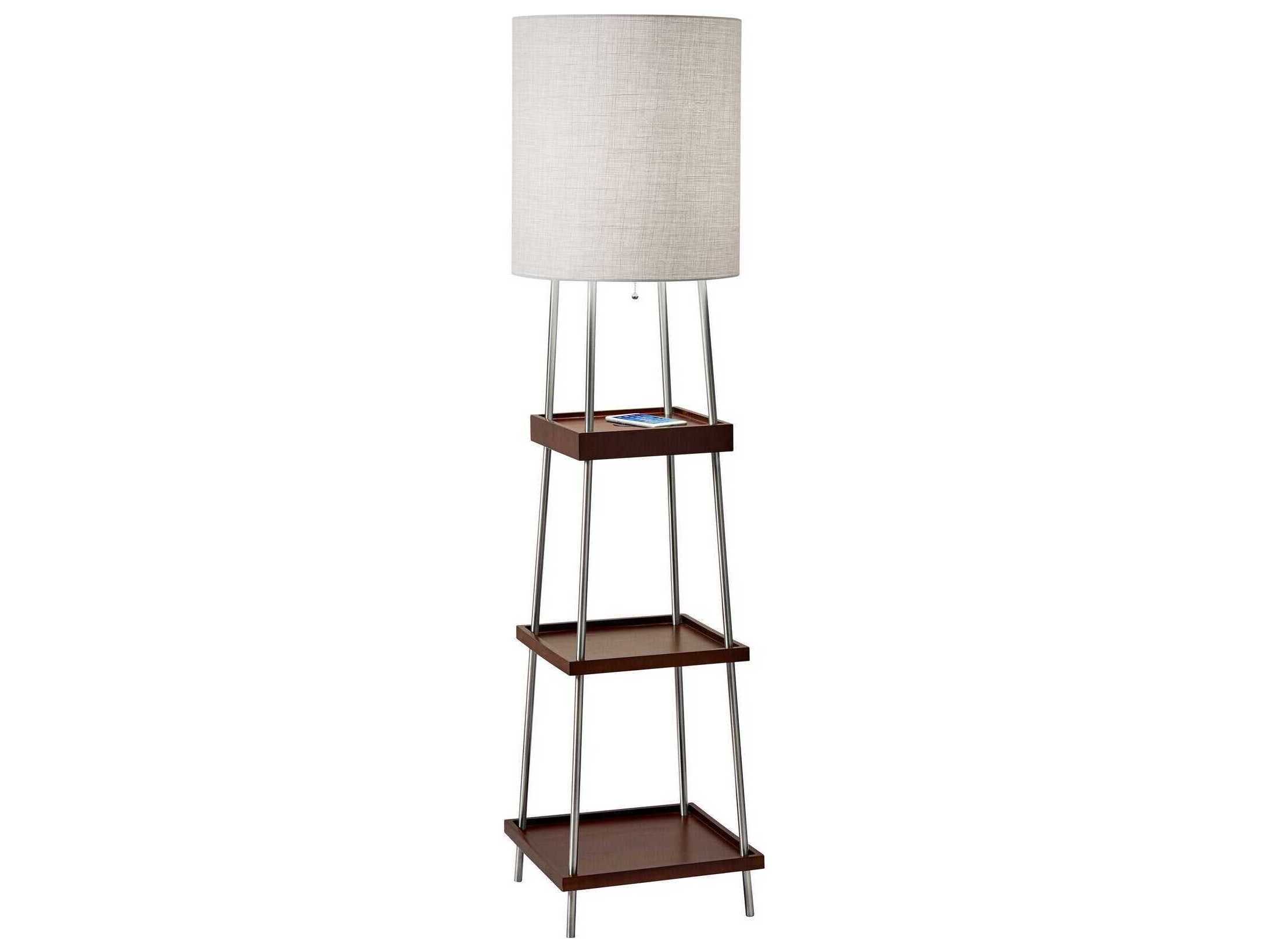 Adesso Henry Brushed Steel Walnut Poplar Light Natural Textured Fabric Floor Lamp