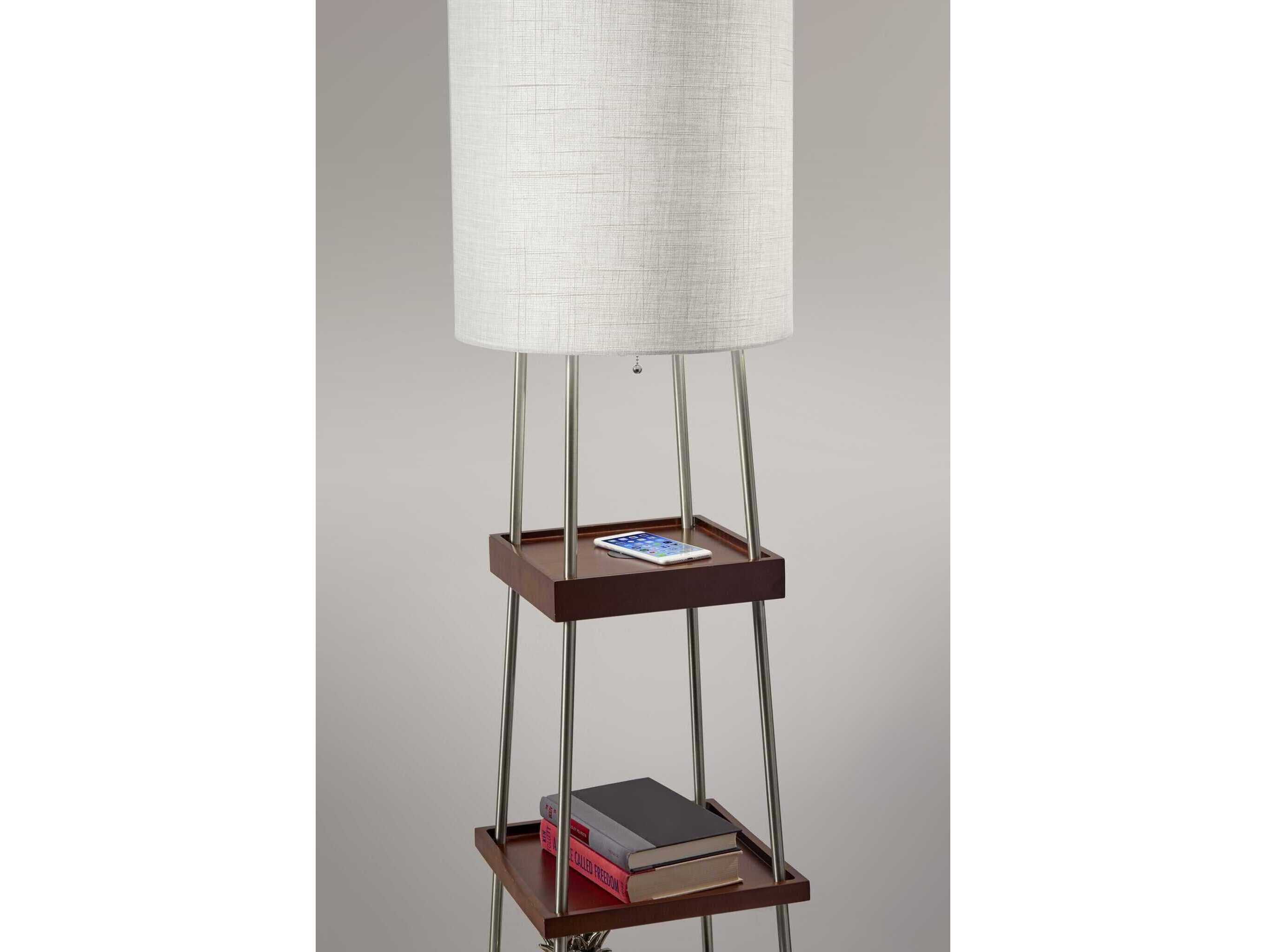 Adesso Henry Brushed Steel Walnut Poplar Light Natural Textured Fabric Floor Lamp