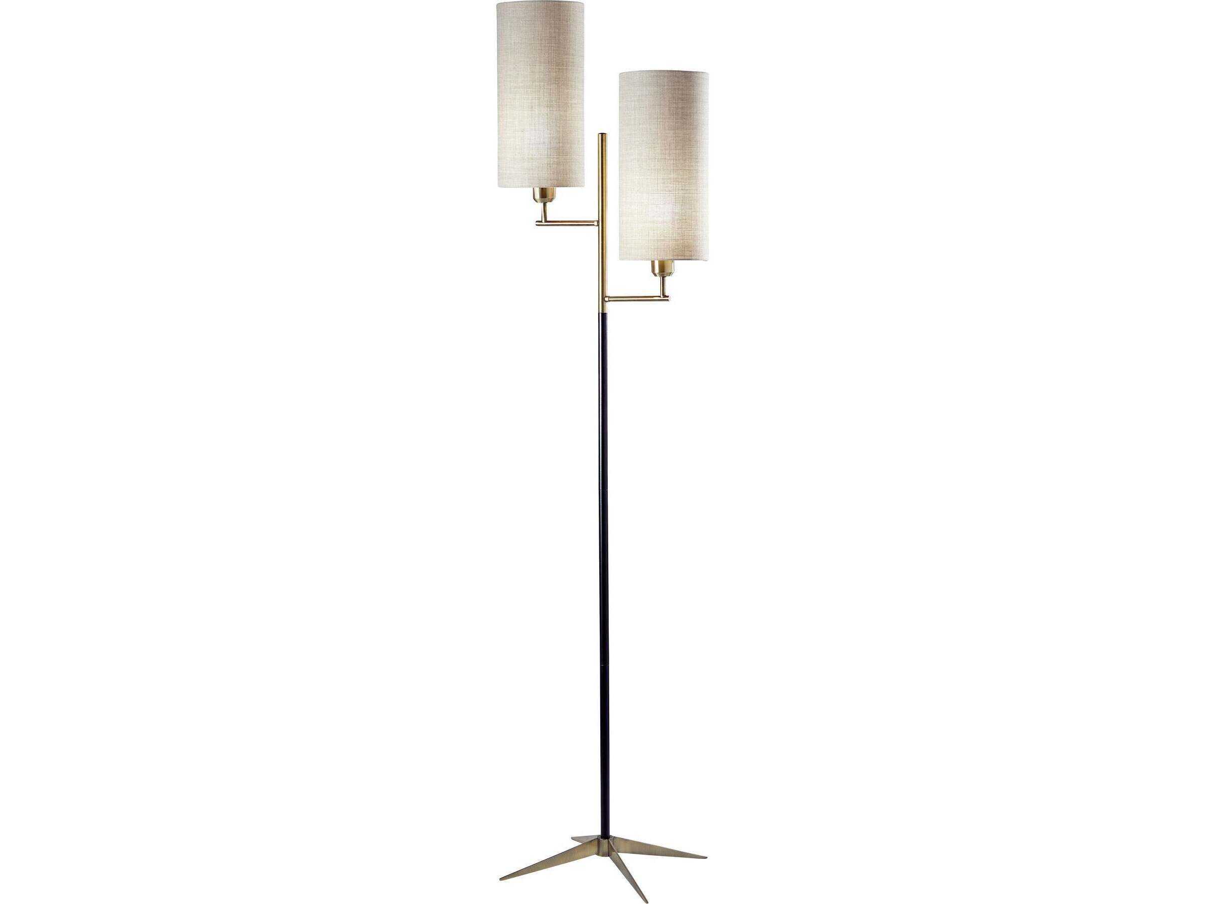 Adesso Davis Matte Black Antique Brass Natural Textured Fabric Floor Lamp