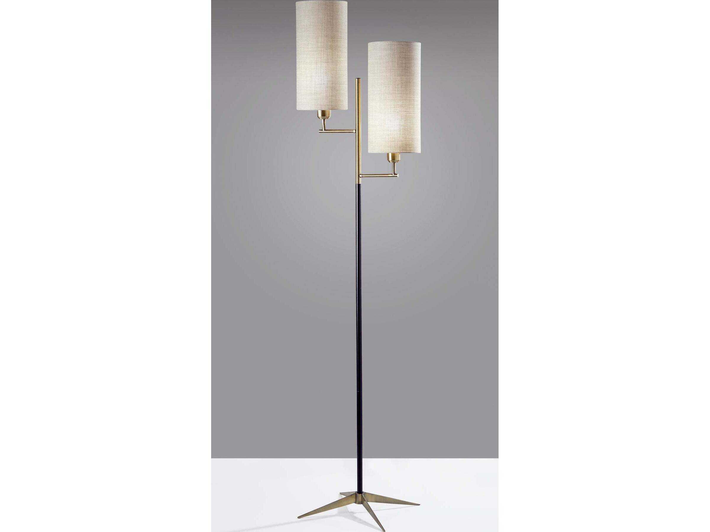 Adesso Davis Matte Black Antique Brass Natural Textured Fabric Floor Lamp