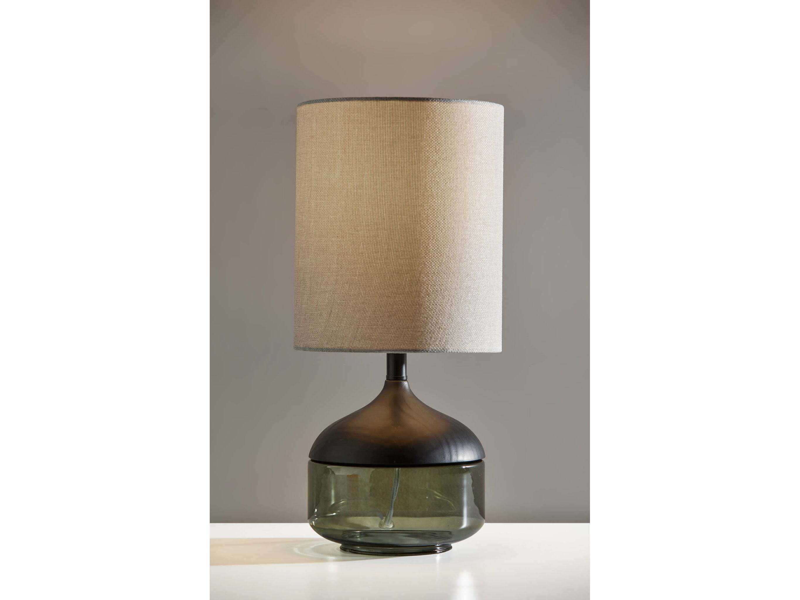 Adesso Marina Black Smoked Glass Light Grey Textured Fabric Table Lamp