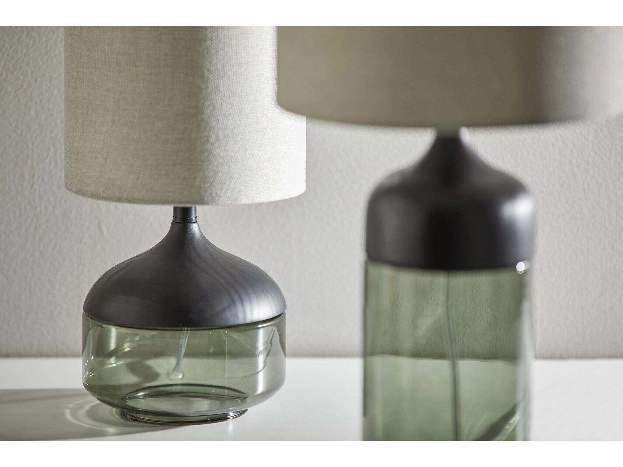 Adesso Marina Black Smoked Glass Light Grey Textured Fabric Table Lamp