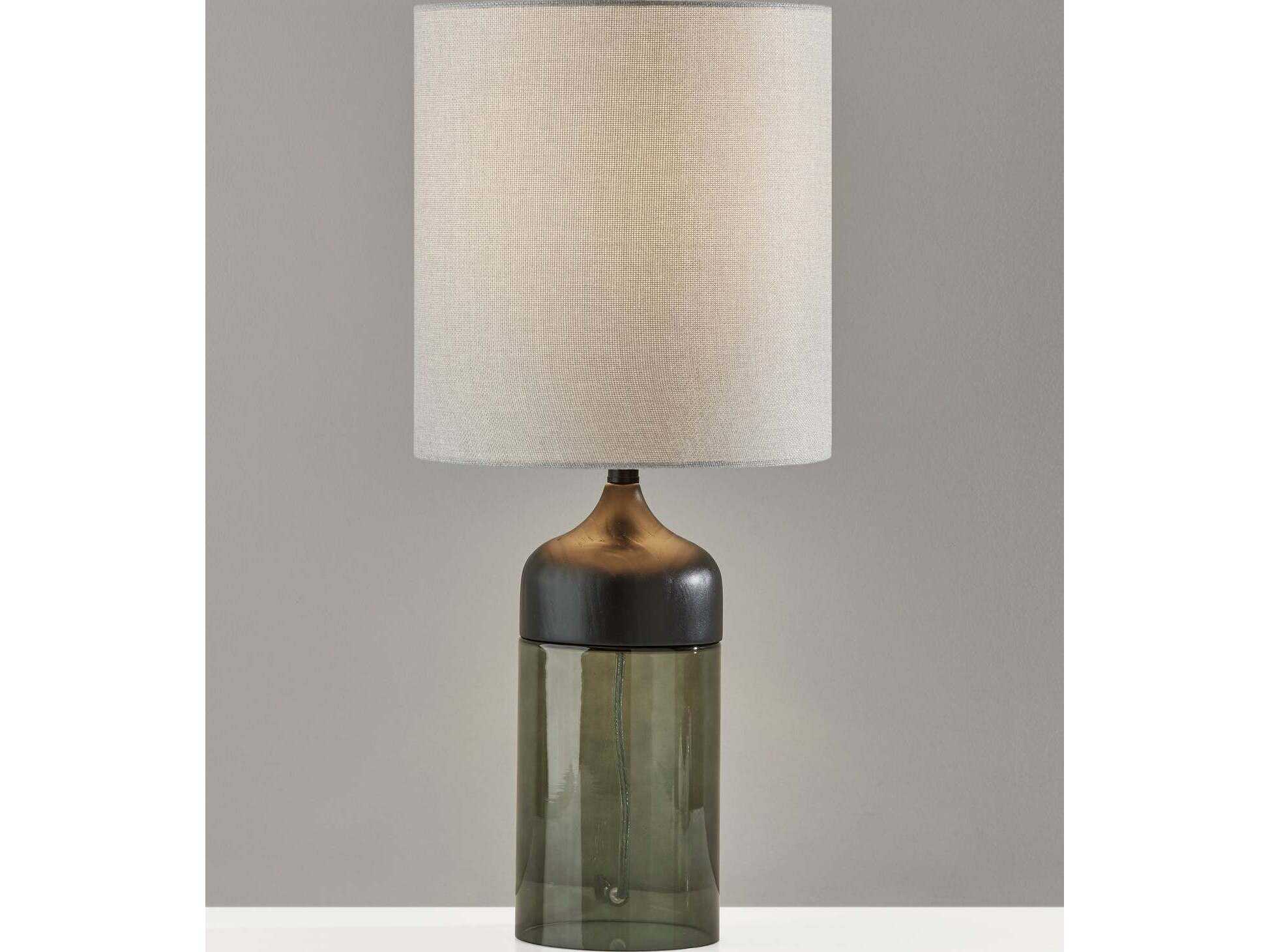 Adesso Marina Black Smoked Glass Light Grey Textured Fabric Table Lamp
