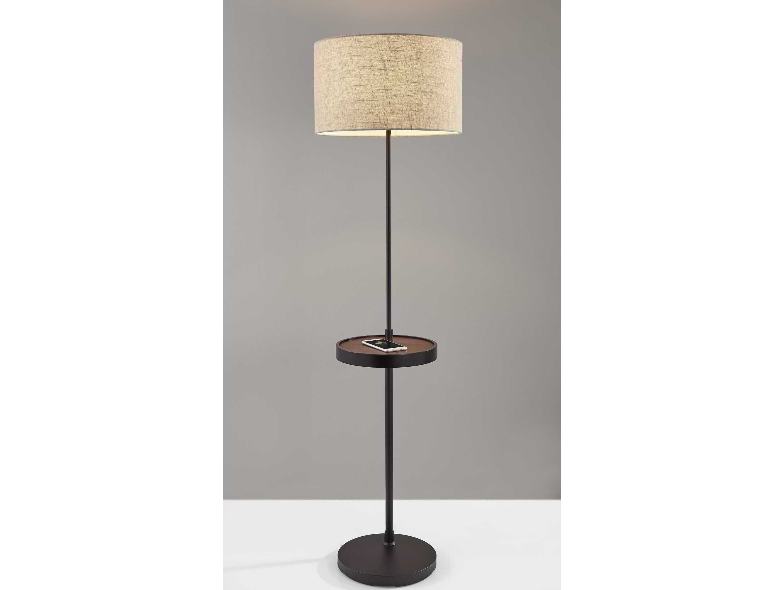 Adesso Oliver Matte Black Walnut Natural Textured Fabric Floor Lamp