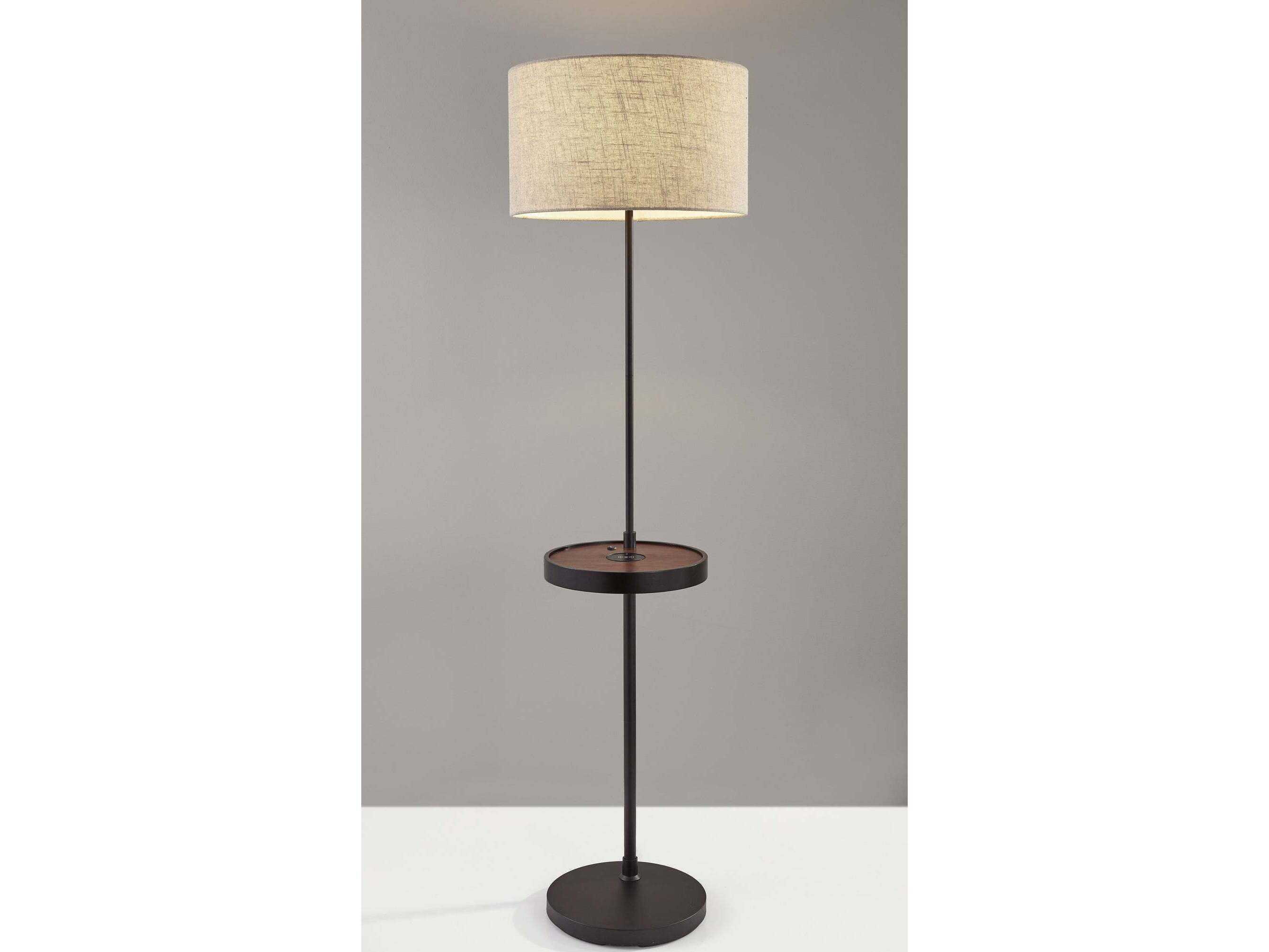 Adesso Oliver Matte Black Walnut Natural Textured Fabric Floor Lamp