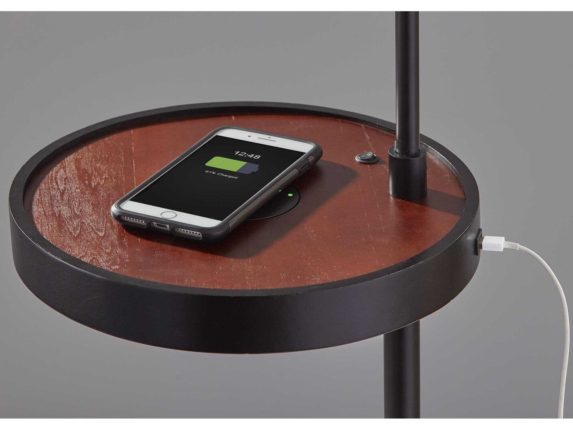 Adesso Oliver Matte Black Walnut Natural Textured Fabric Floor Lamp