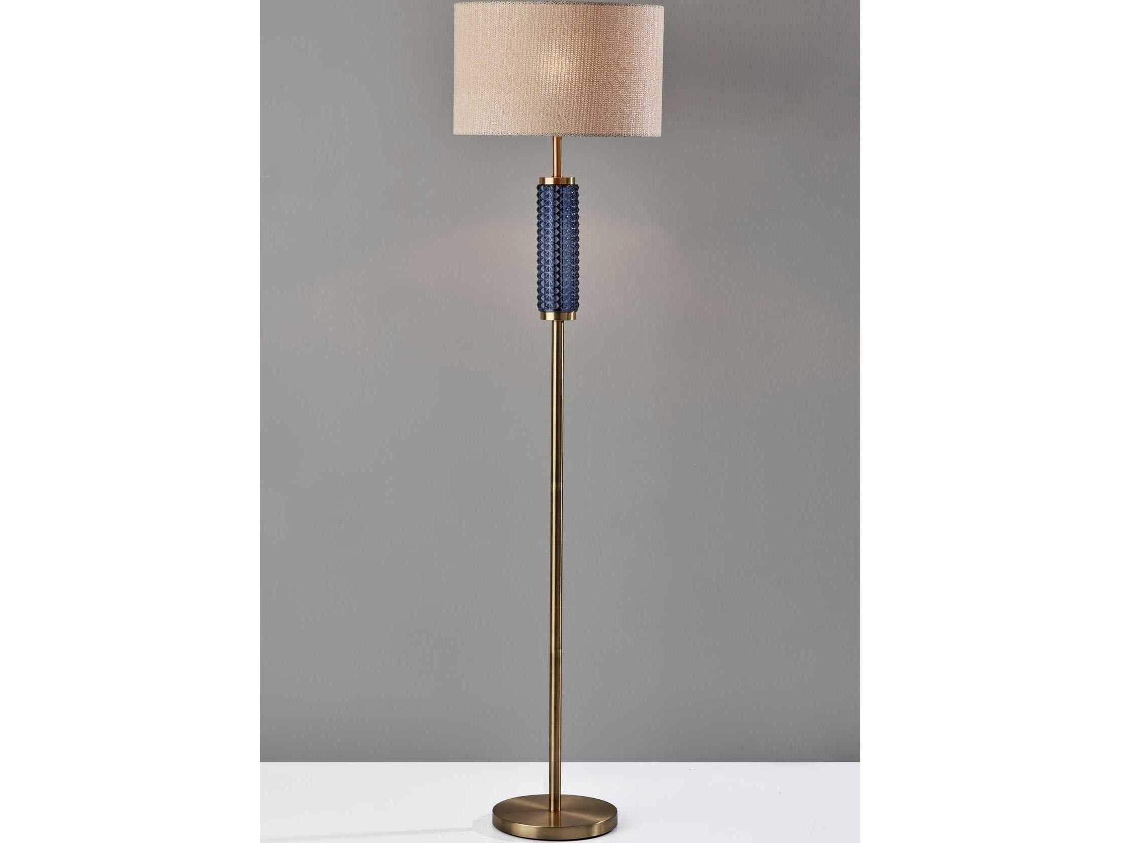 Adesso Delilah Antique Brass Blue Textured Glass Woven Natural Light Beige Paper Floor Lamp