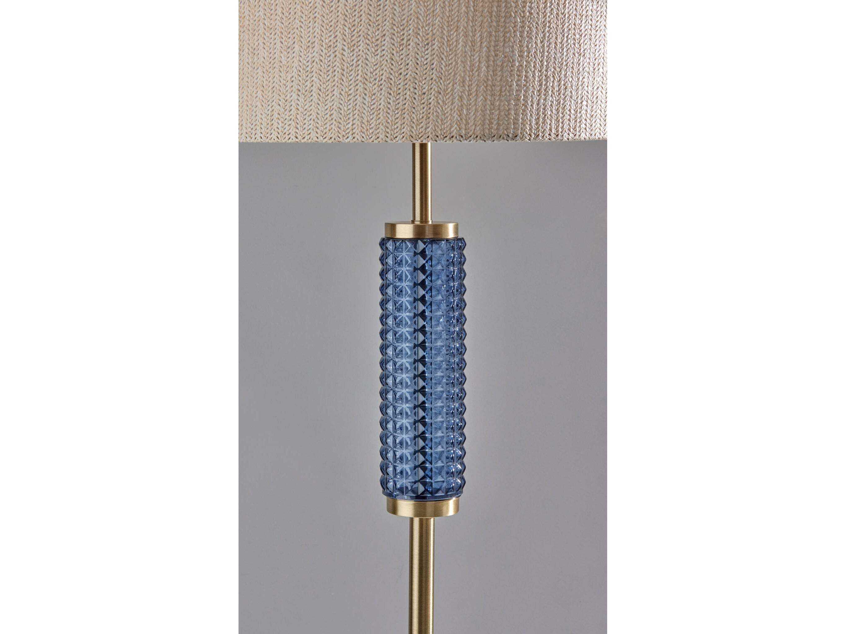 Adesso Delilah Antique Brass Blue Textured Glass Woven Natural Light Beige Paper Floor Lamp