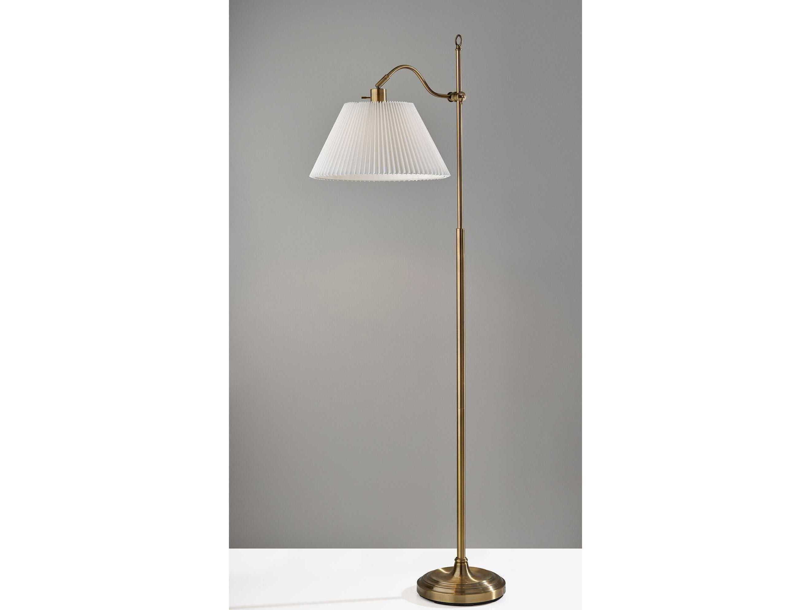 Adesso Derby Antique Brass White Pleated Floor Lamp