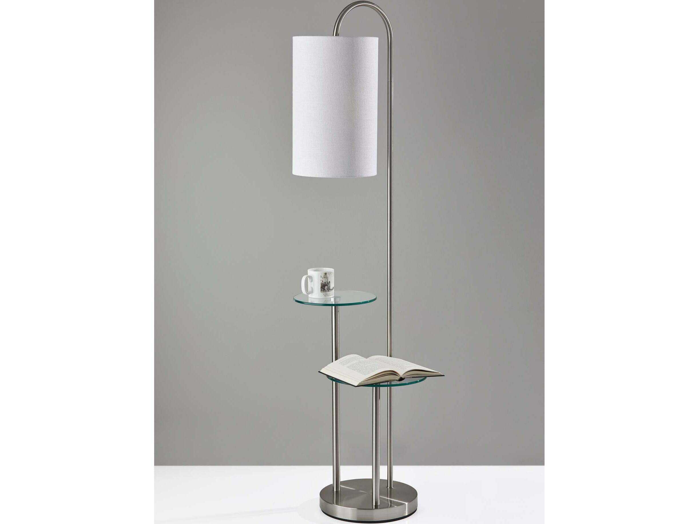 Adesso Leonard Brushed Steel Textured White Fabric Floor Lamp