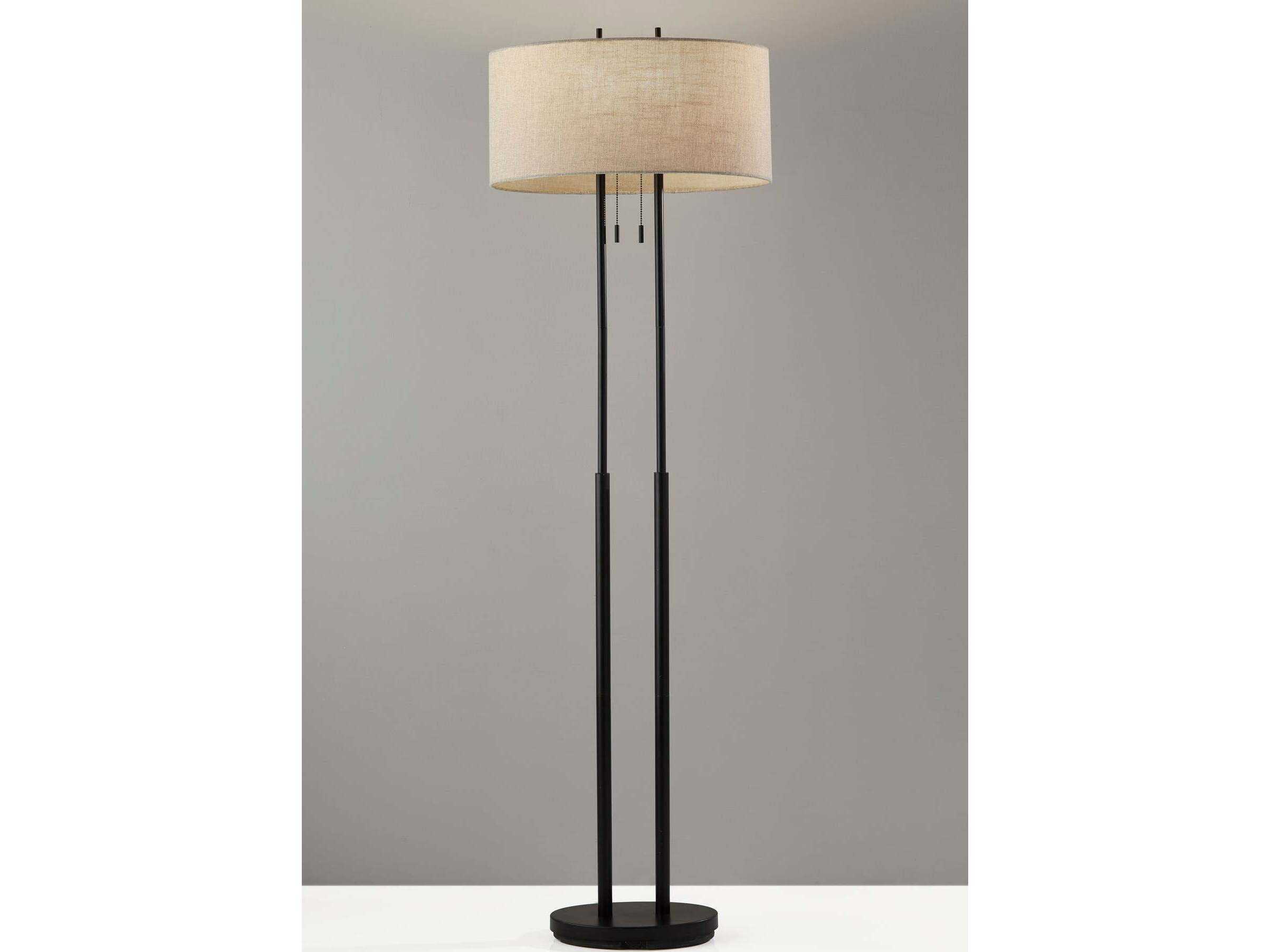 Adesso Duet Antique Bronze Taupe Textured Fabric Floor Lamp