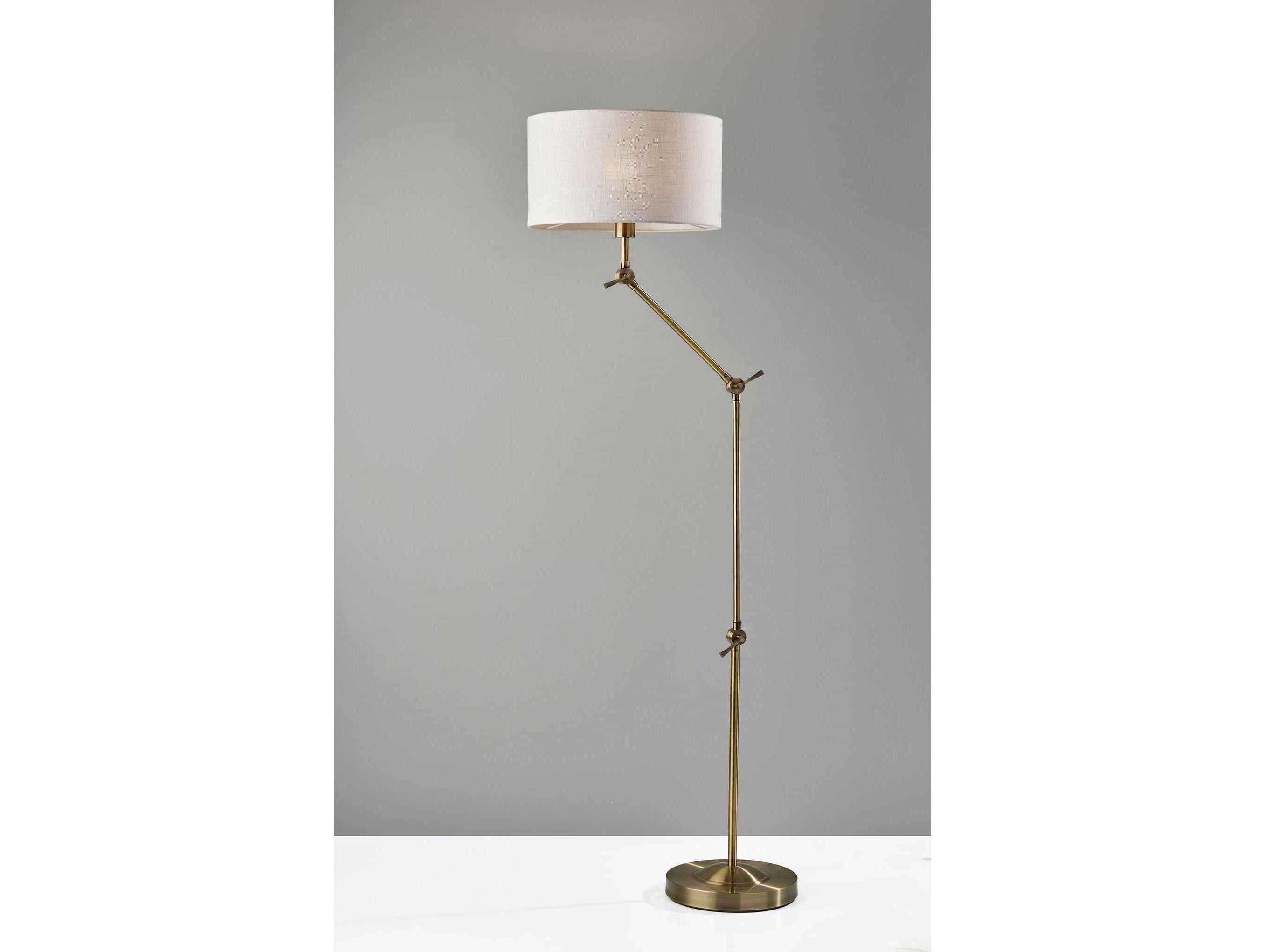 Adesso Willard Antique Brass Cream Textured Fabric Floor Lamp