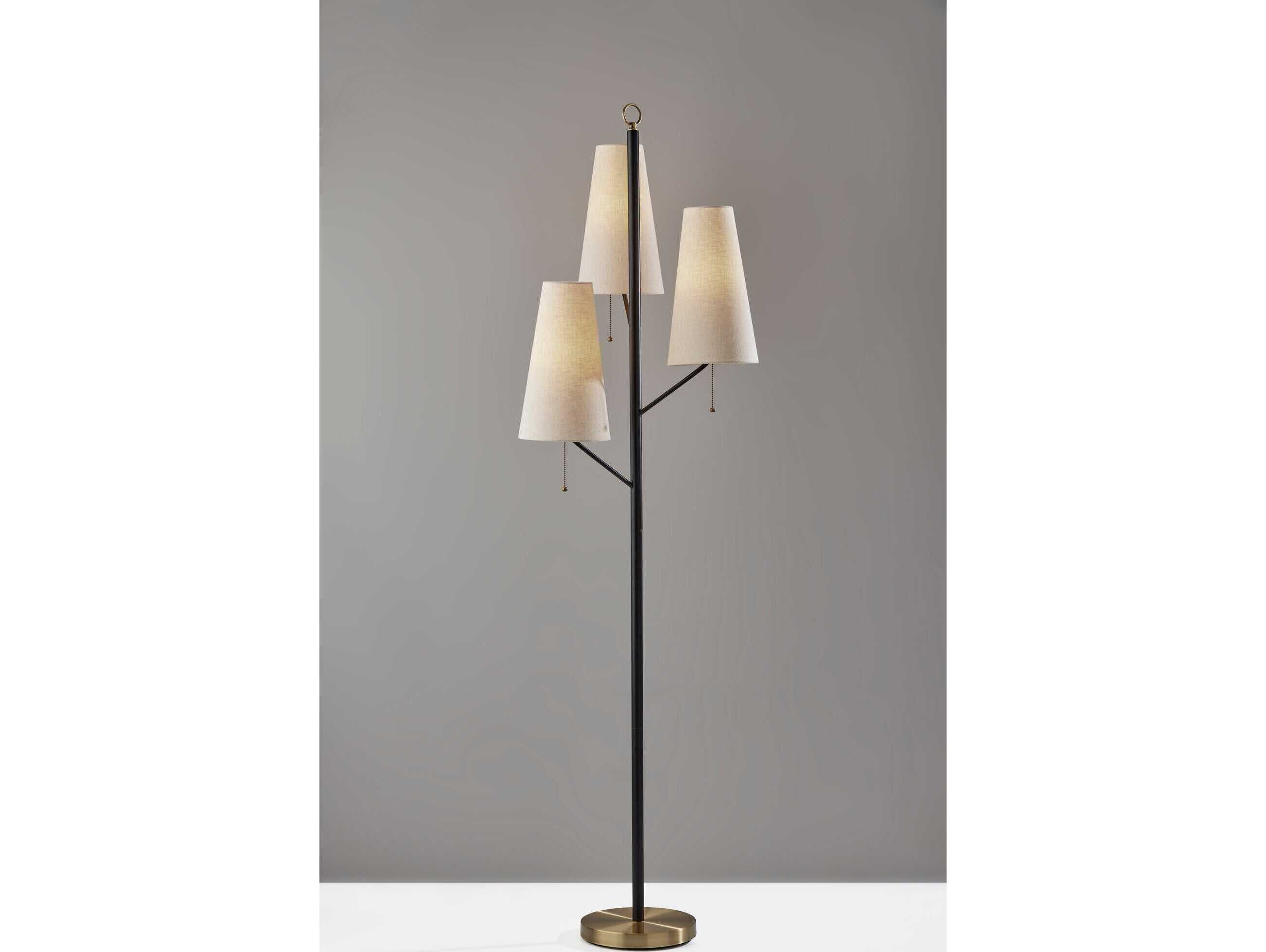 Adesso Daniel Black Antique Brass Cream Textured Fabric Floor Lamp