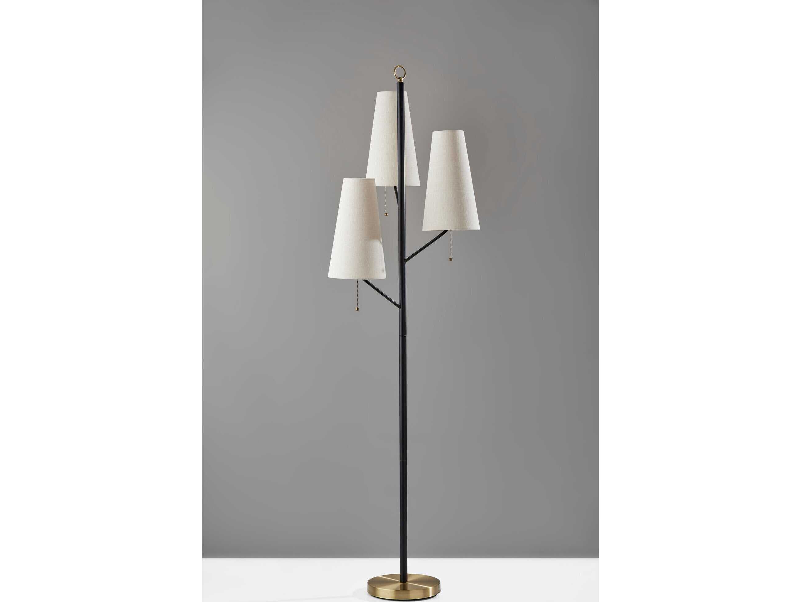 Adesso Daniel Black Antique Brass Cream Textured Fabric Floor Lamp