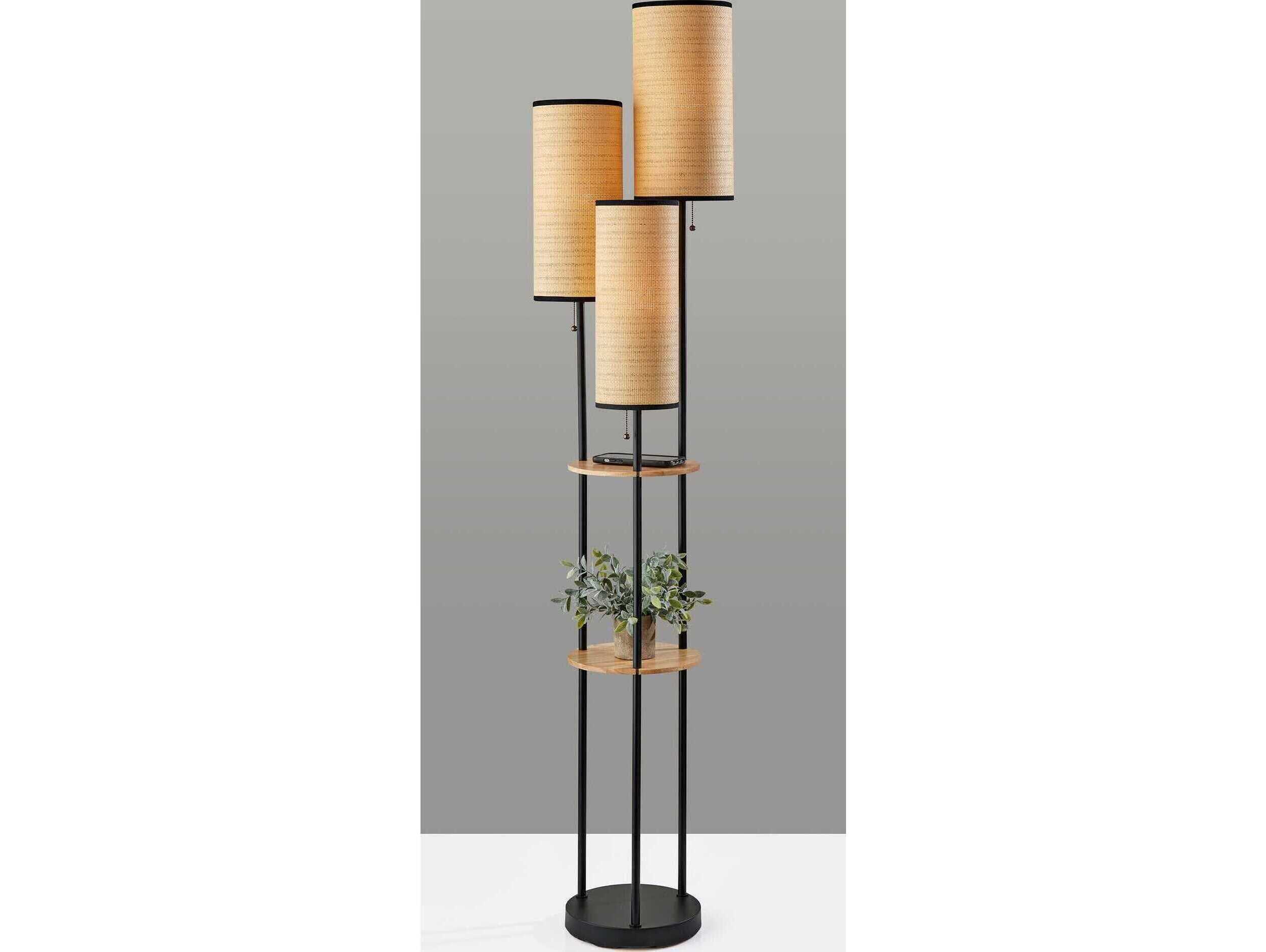 Adesso Trio Black Natural Shelves Woven Paper With Trim Floor Lamp