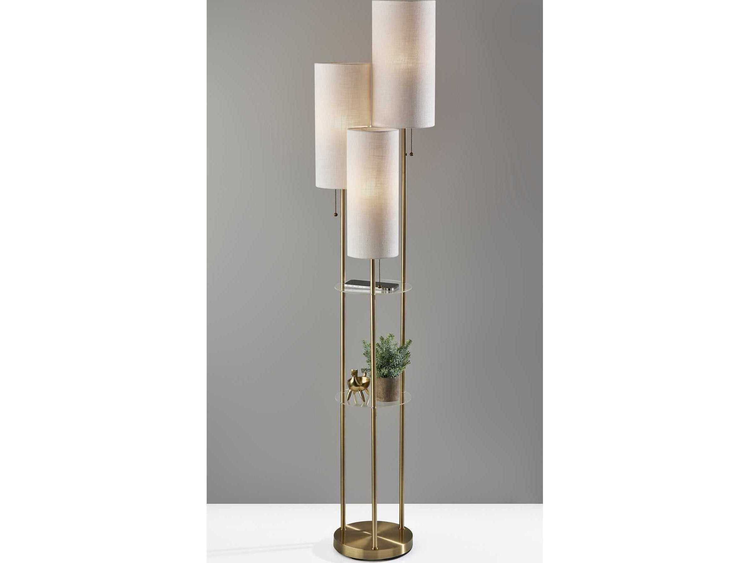 Adesso Trio Antique Brass Cream Textured Fabric Floor Lamp