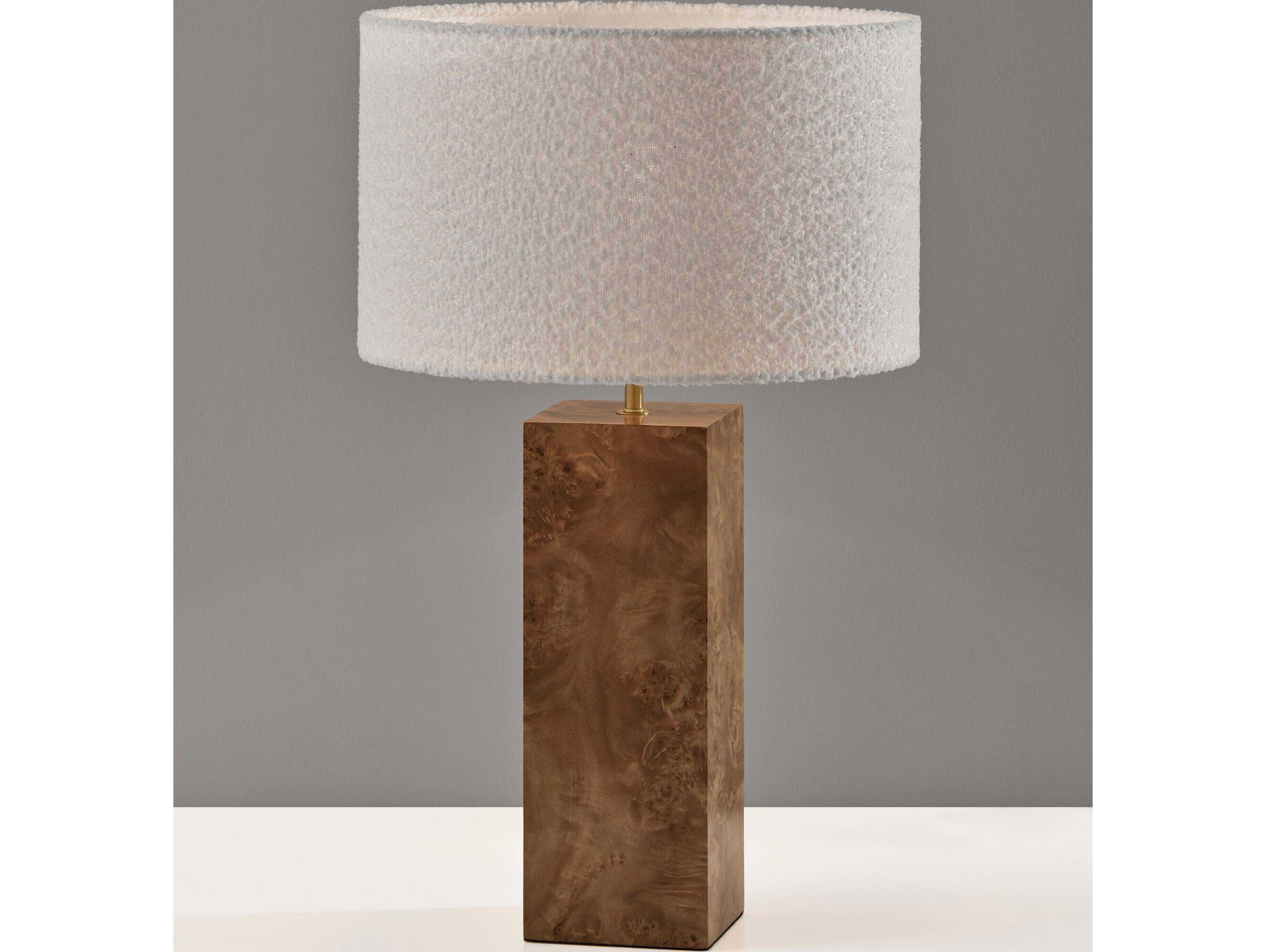 Adesso Frederick Burled Antique Brass White Boucle Fabric Brown Table Lamp