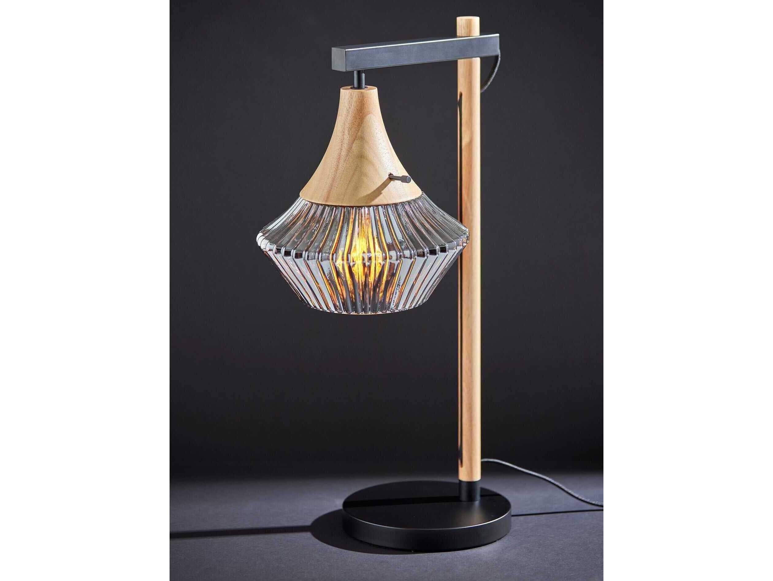 Adesso Elsie Black Natural Smoked Ribbed Glass Table Lamp