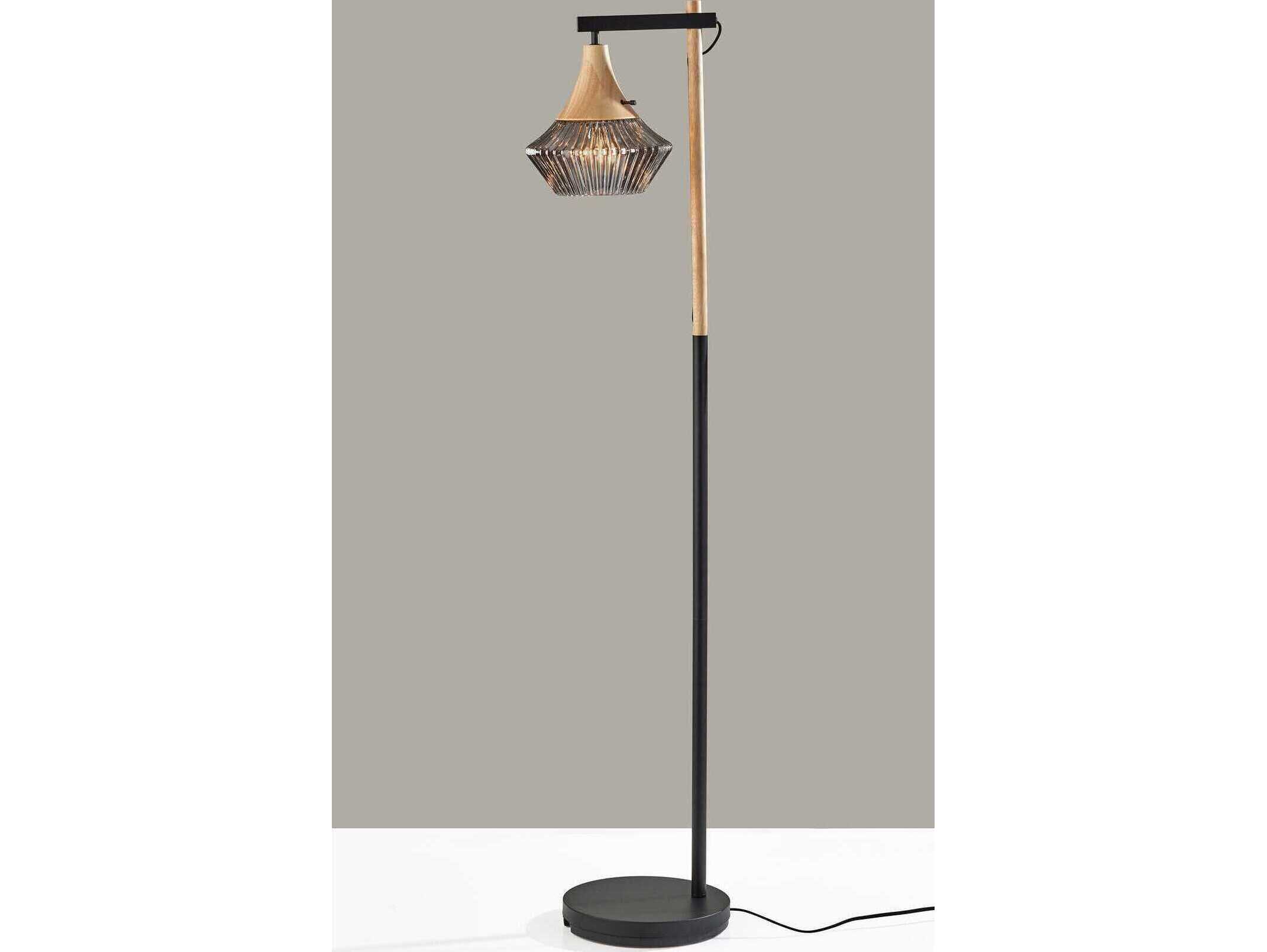 Adesso Elsie Black Natural Smoked Ribbed Glass Floor Lamp