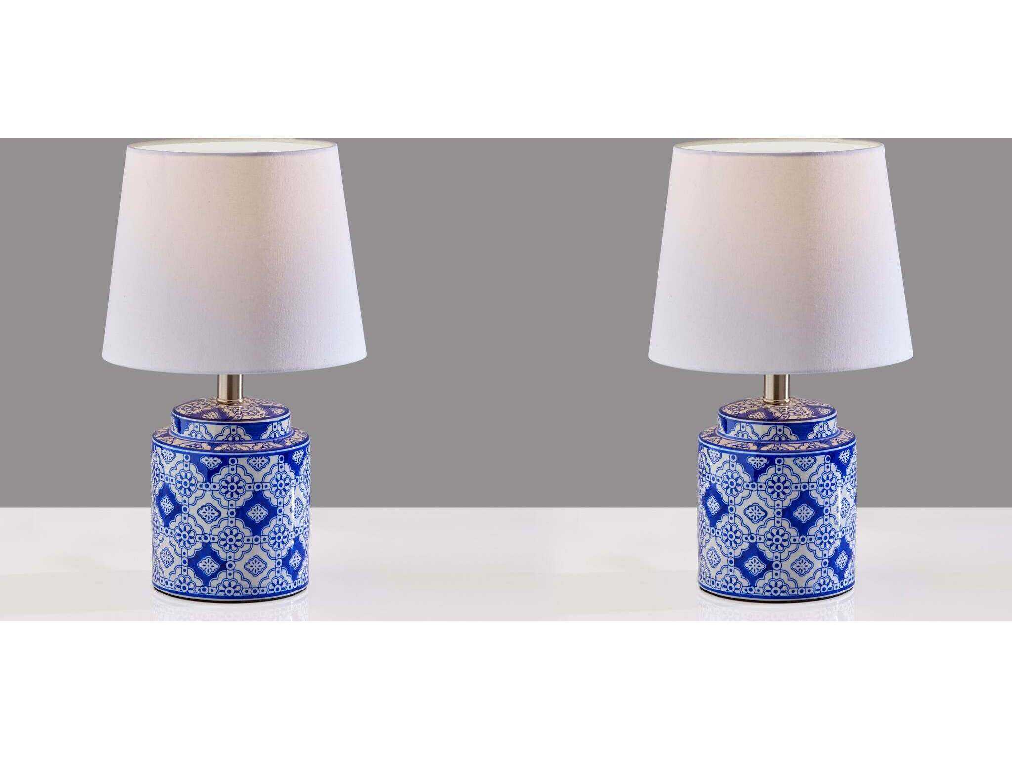 Adesso Polly Blue White Fabric Table Lamp Set of 2