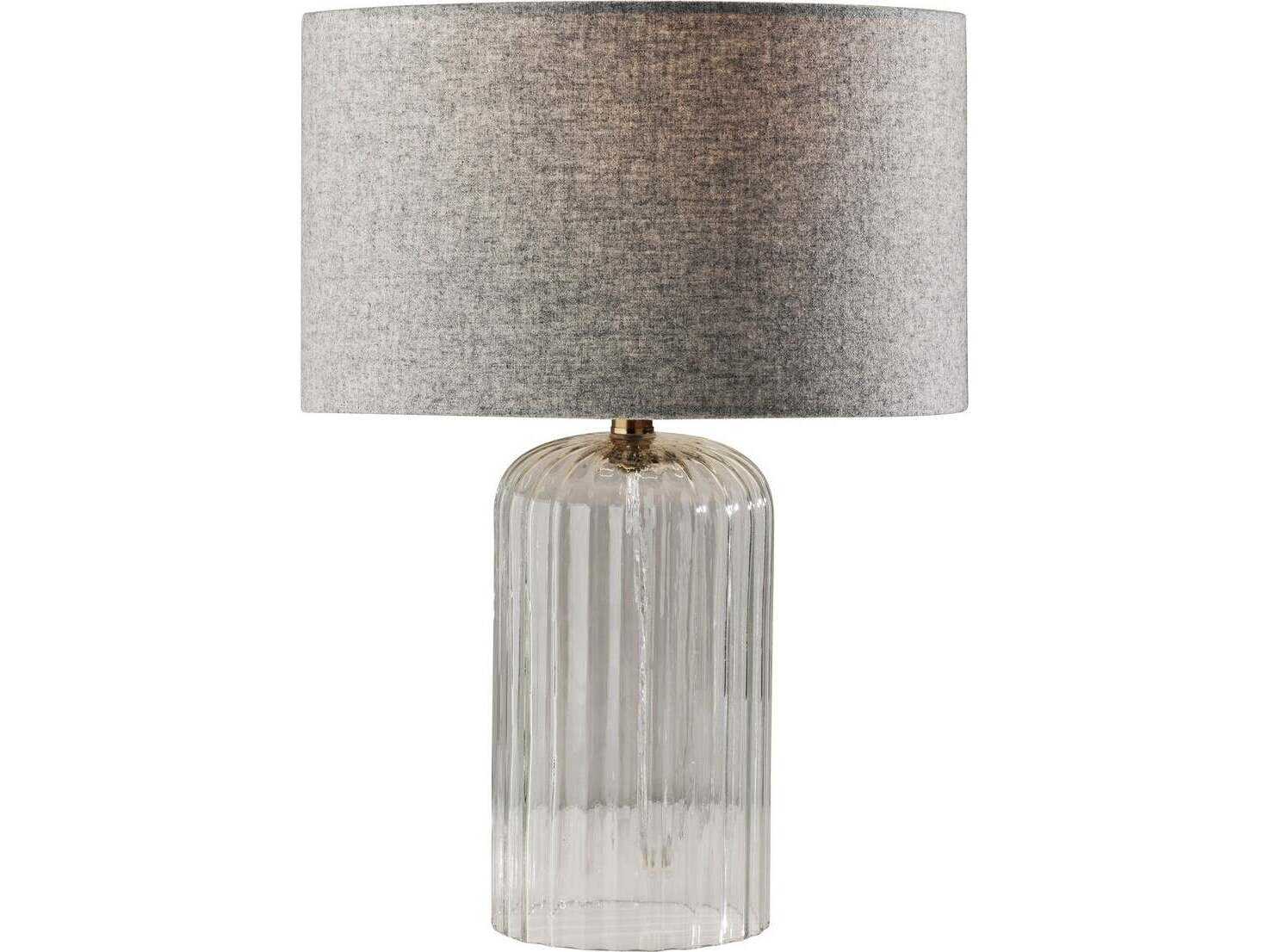 Adesso Carrie Clear Ribbed Glass Antique Brass Soft Touch Grey Fabric Table Lamp