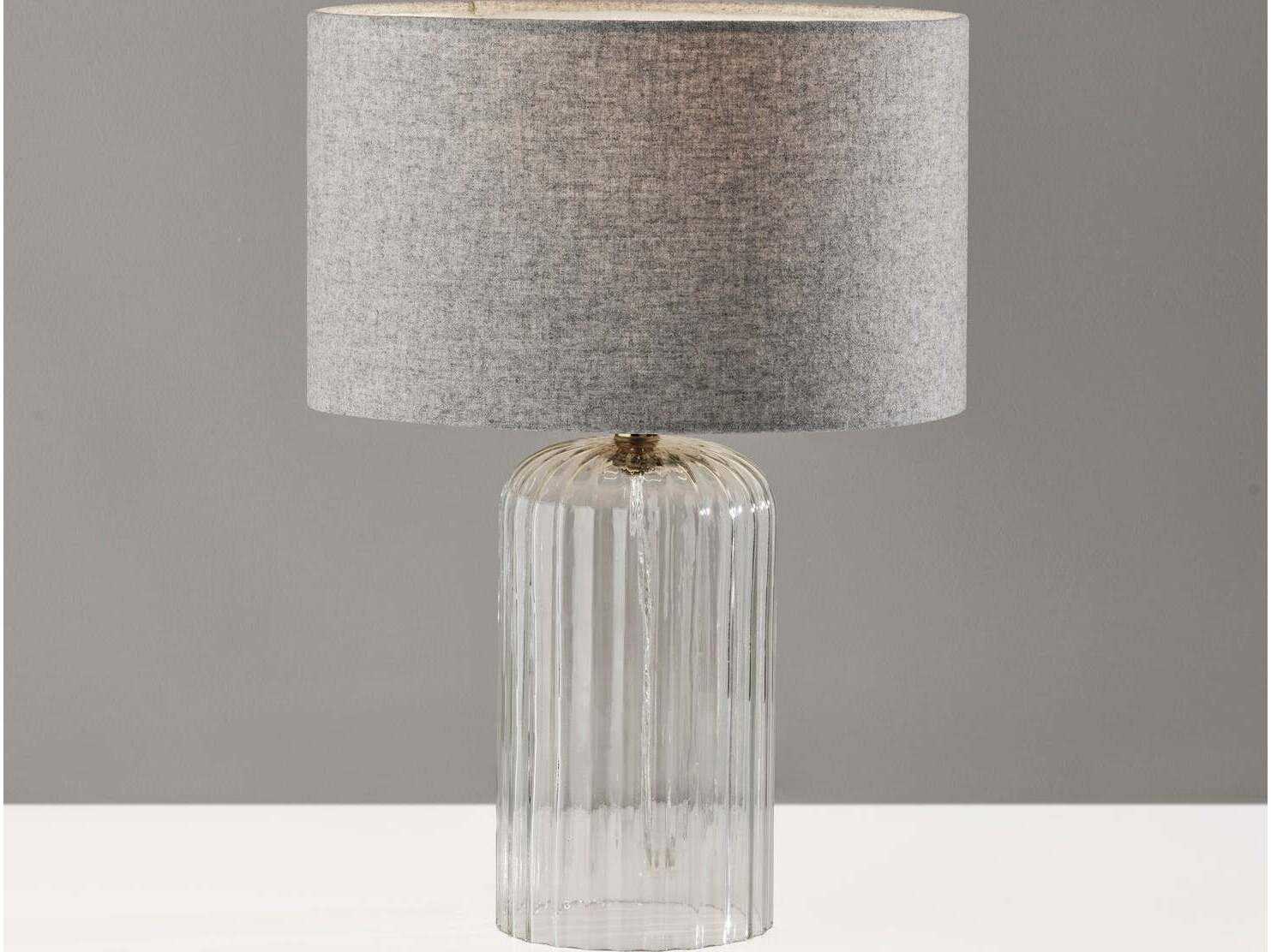 Adesso Carrie Clear Ribbed Glass Antique Brass Soft Touch Grey Fabric Table Lamp