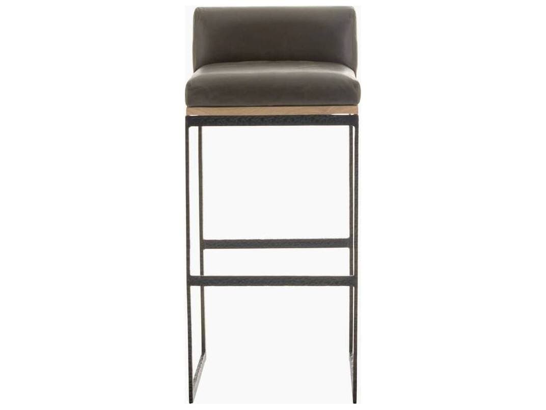 Arteriors Home Marmont Ore Blackened Iron Leather Oak Wood Bar Stool