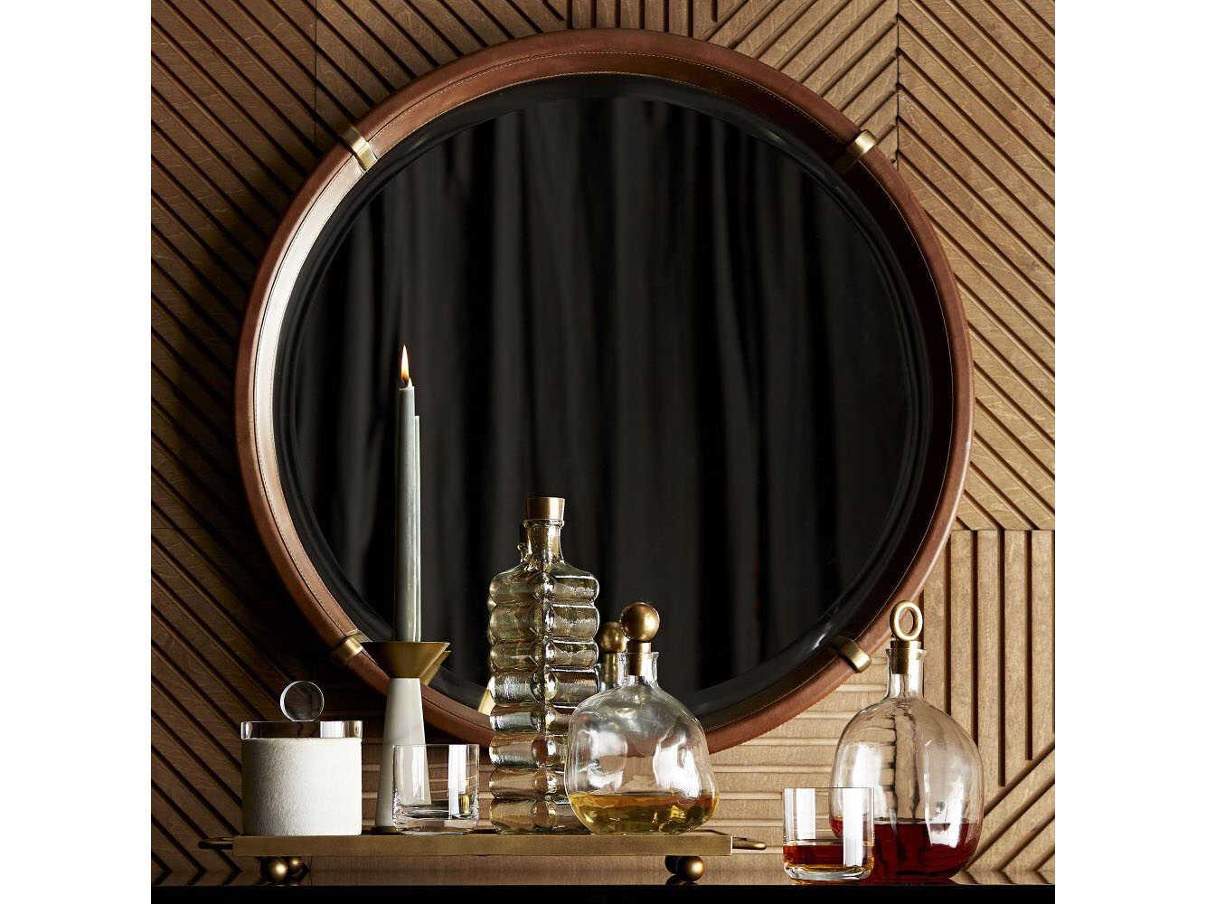 Arteriors Home Edmund Brown Leather Round Wall Mirror