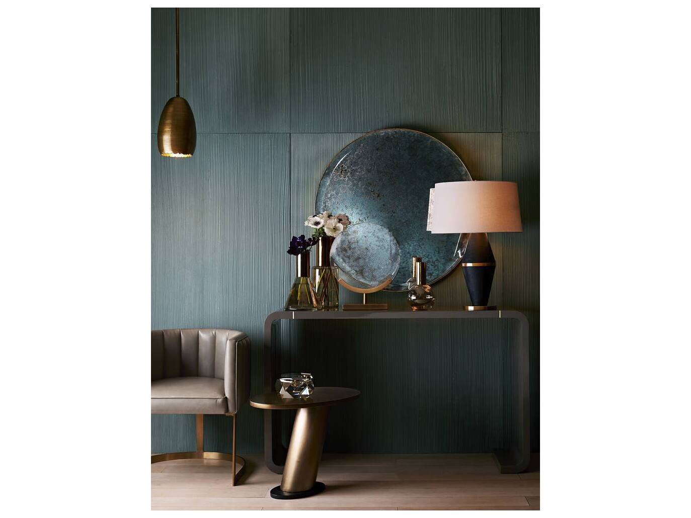 Arteriors Home Turnley Rectangular Wood Gray Lacquer Antique Brass Console Table