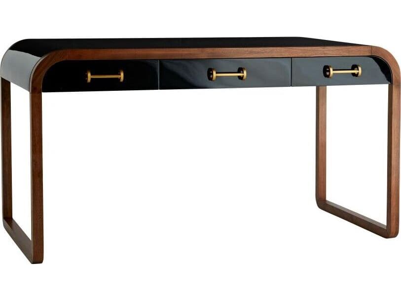 Arteriors Home Black Gloss Lacquer Satin Walnut Wood Writing Desk Victoria