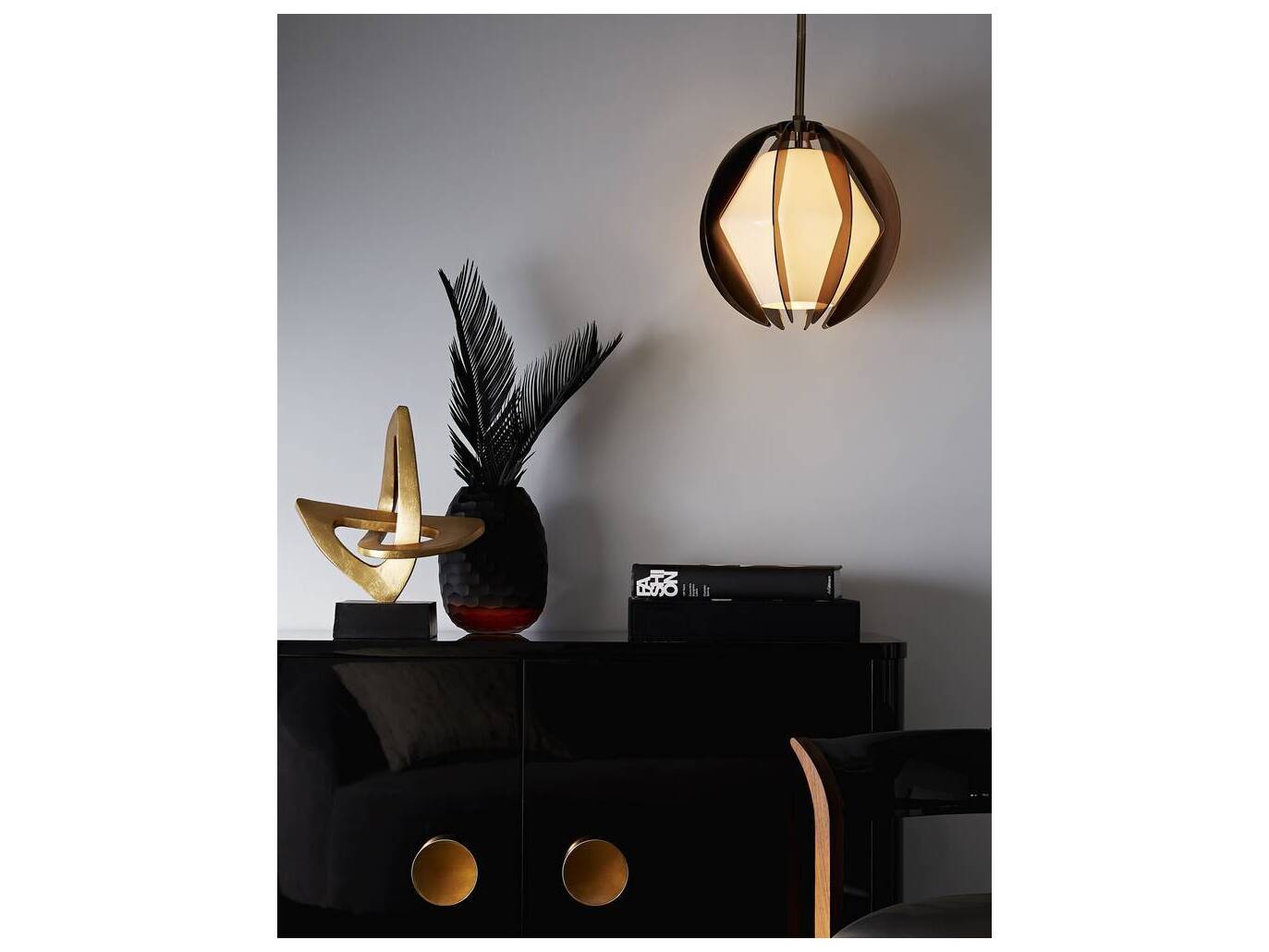 Arteriors Home Kennedy High Gloss Black Lacquer Antique Brass Oak Wood Accent Chest