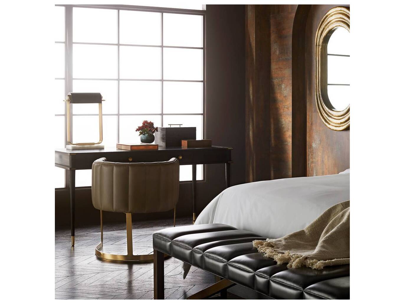 Arteriors Home Jobe Ebony Antique Brass Black Oak Wood Writing Desk