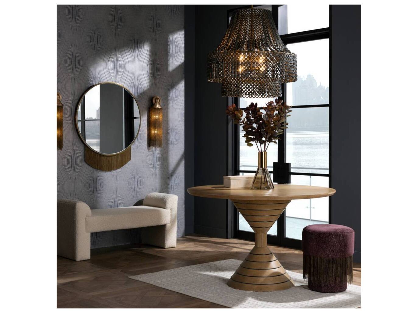 Arteriors Home Bordeaux Antique Brass Red Upholstered Twyla Ottoman