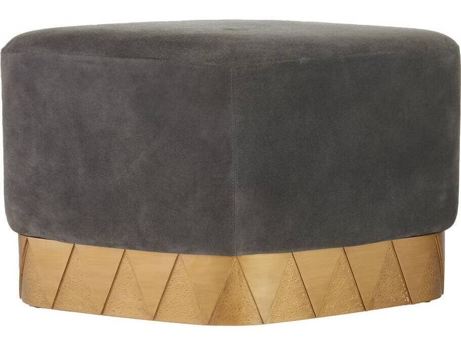 Arteriors Home Slate Grey Antique Brass Suede Upholstered Duvall Ottoman