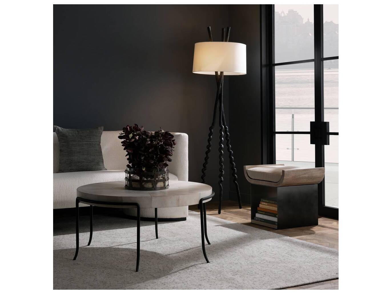 Arteriors Home Natural Gunmetal Brown Upholstered Bookstack Ottoman