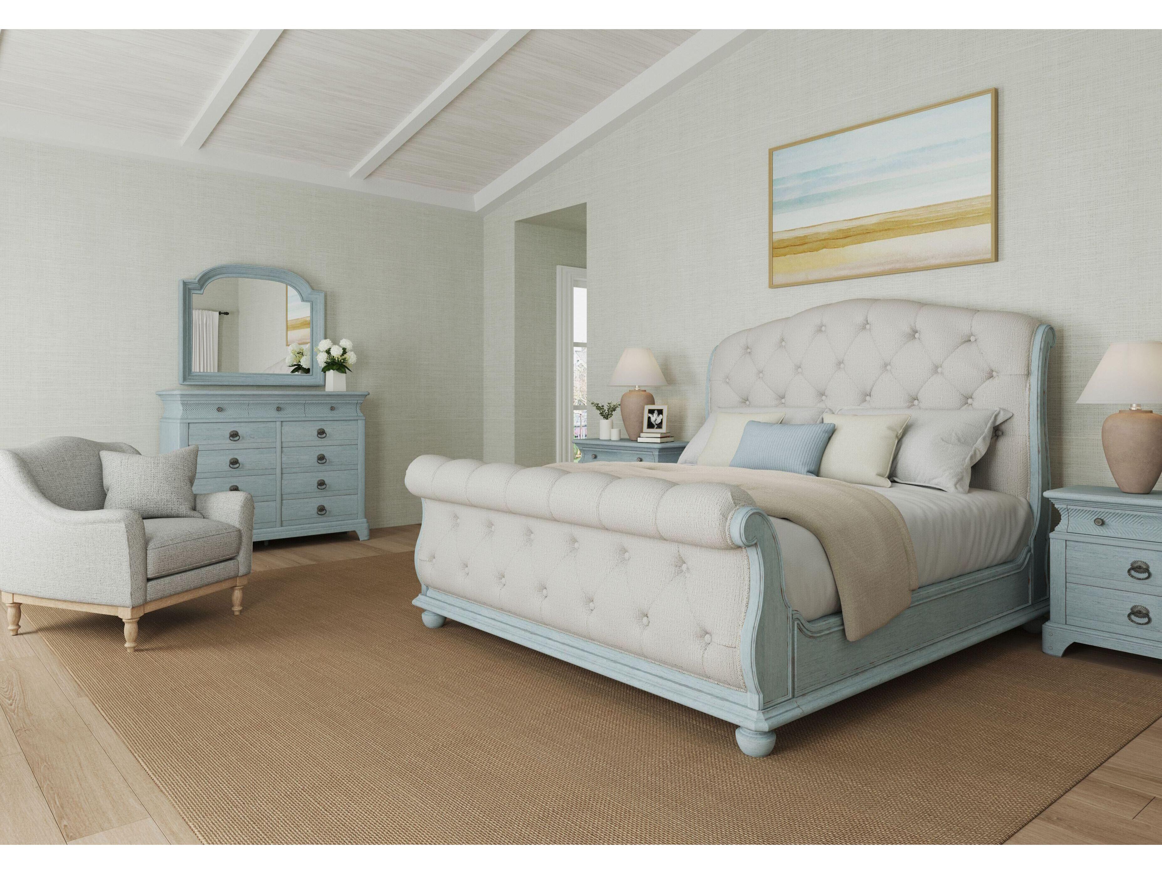 A.R.T. Furniture Summer Creek White Shutter Blue Parrawood Upholstered Queen Sleigh Bed