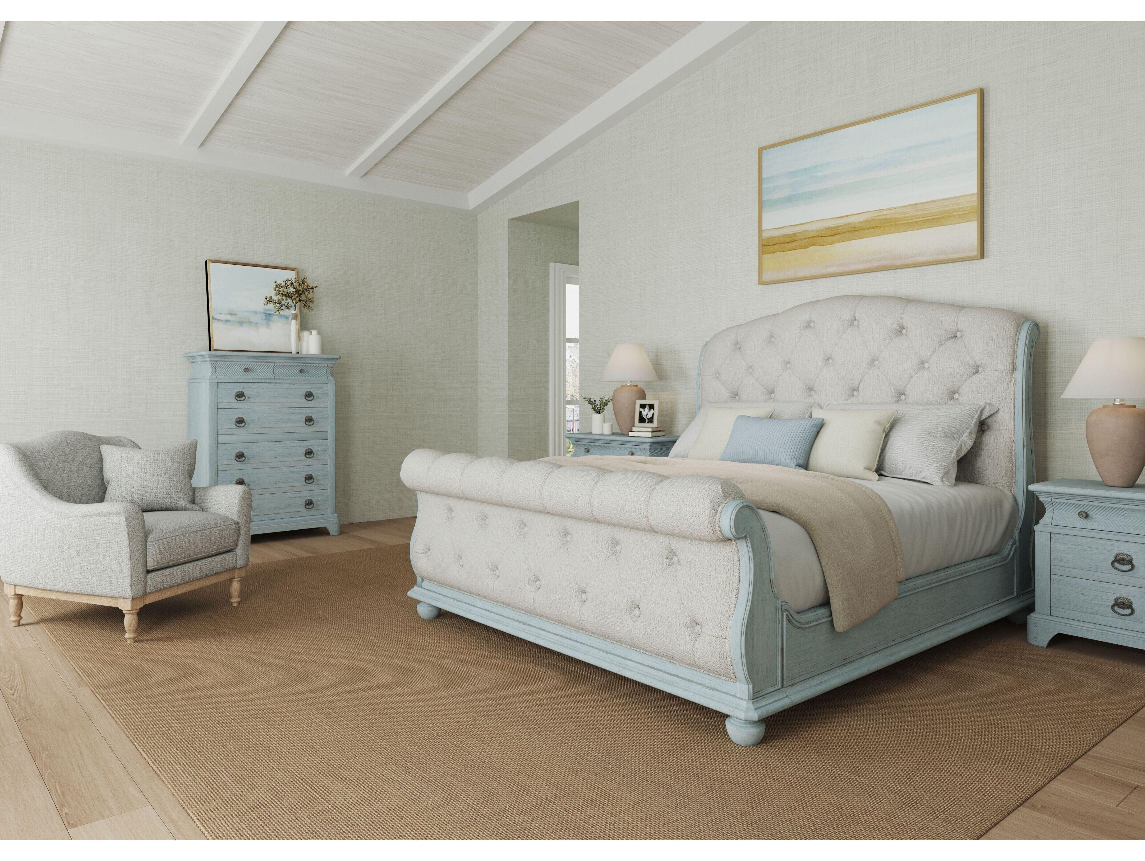 A.R.T. Furniture Summer Creek White Shutter Blue Parrawood Upholstered Queen Sleigh Bed