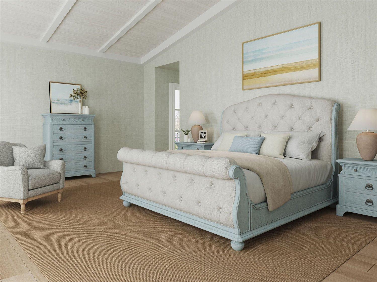 A.R.T. Furniture Summer Creek White Shutter Blue Parrawood Upholstered Queen Sleigh Bed