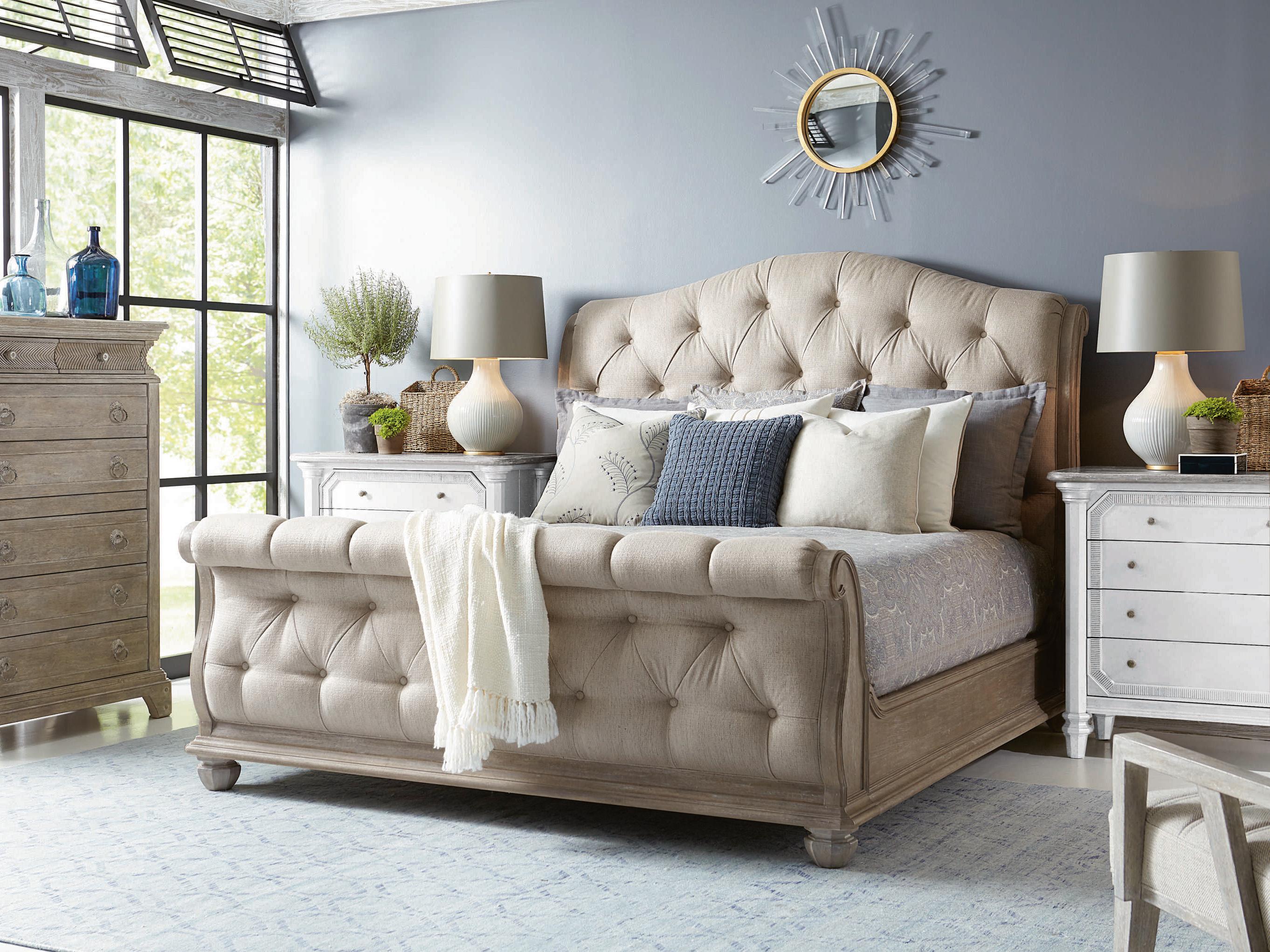 A.R.T. Furniture Summer Creek Shoals Scrubbed Oak Beige Wood Upholstered King Sleigh Bed