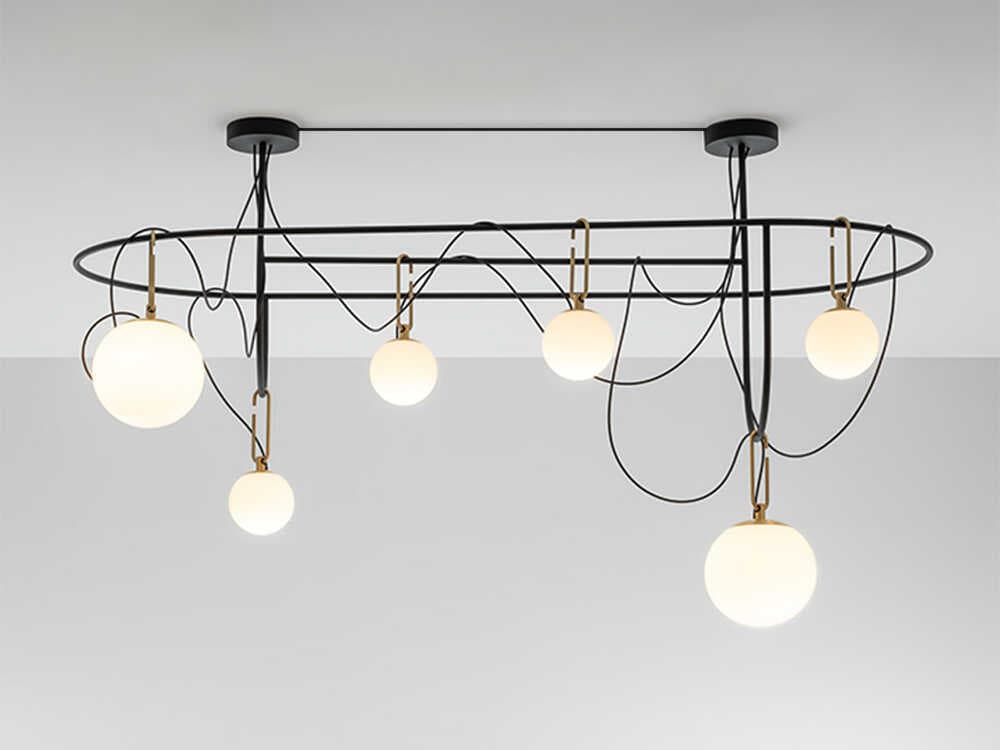 Artemide NH 6-Light Brushed Brass Black Globe Island Pendant