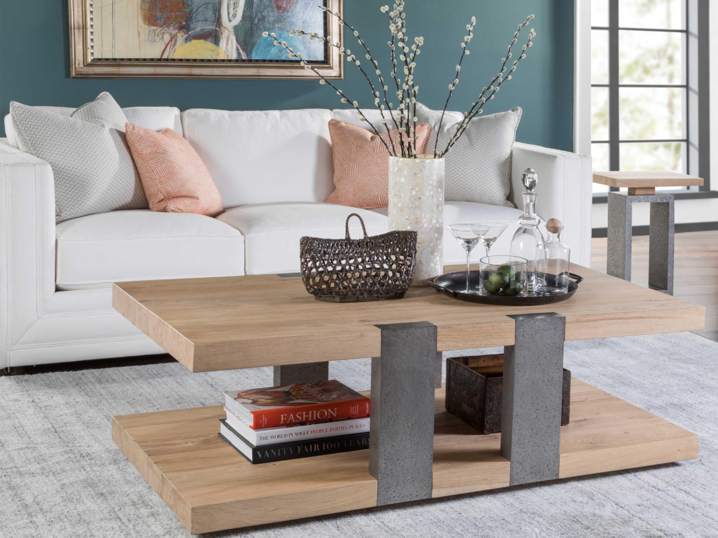 Artistica Verite Rectangular Wood White Oak Antiqued Gun Metal Cocktail Table