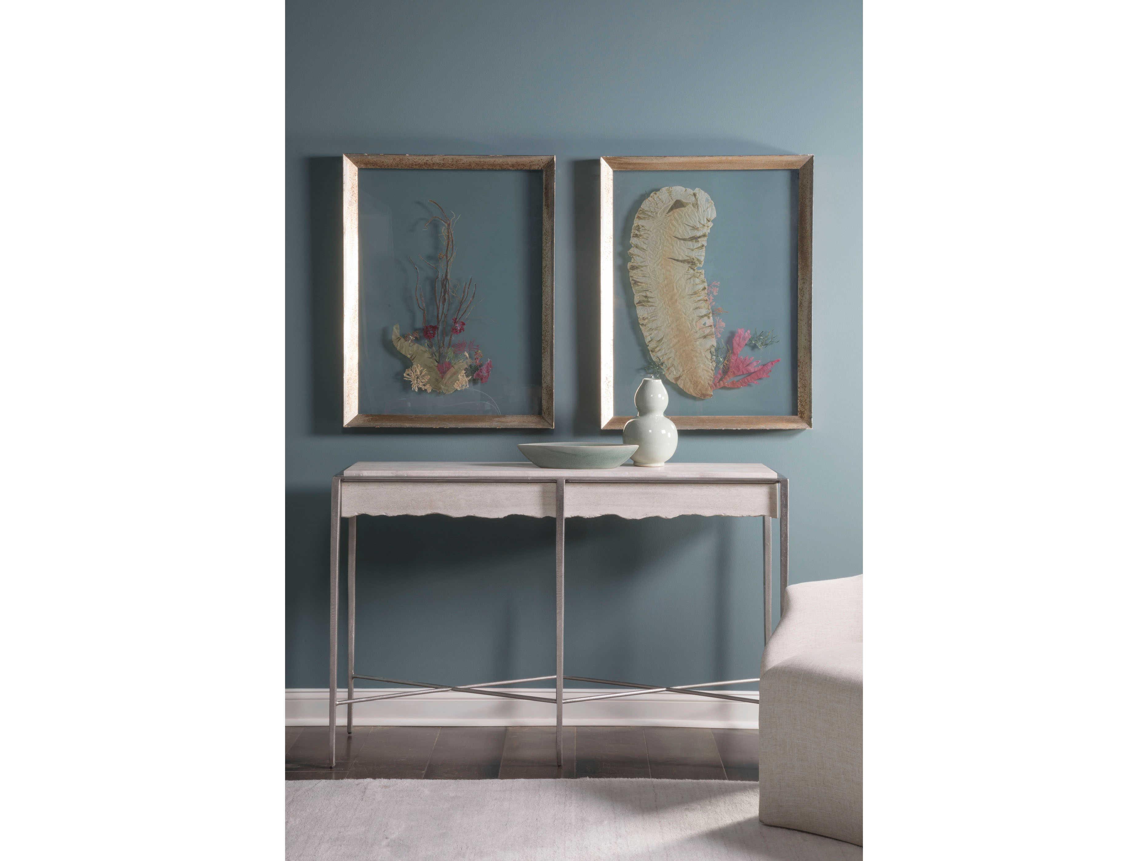 Artistica Signature Designs Rectangular Stone White Travertine Sliver Leaf Console Table